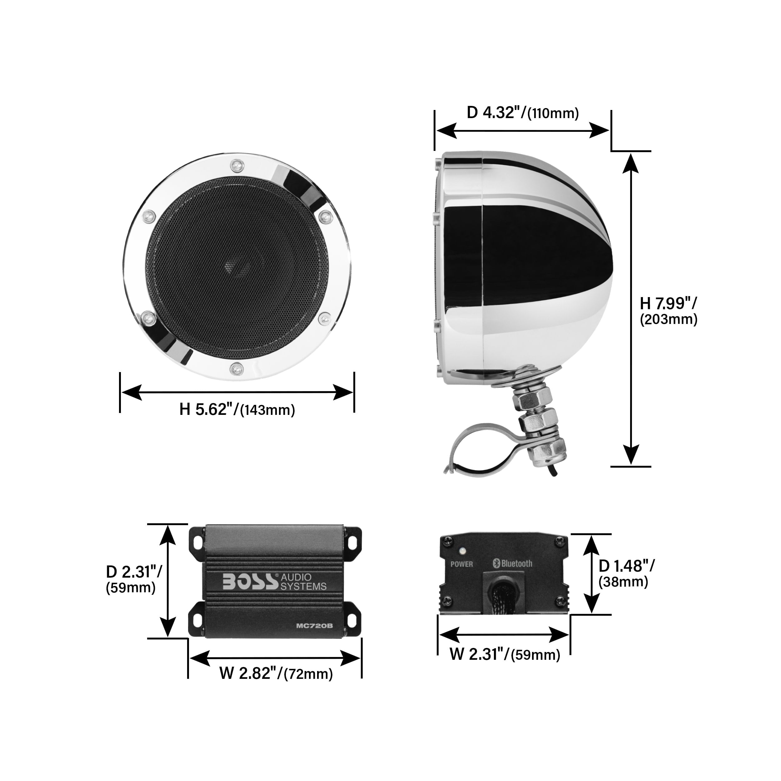 BOSS Audio Systems MC720B 4 inch Motorcycle Speakers and Amplifier Audio Sound System