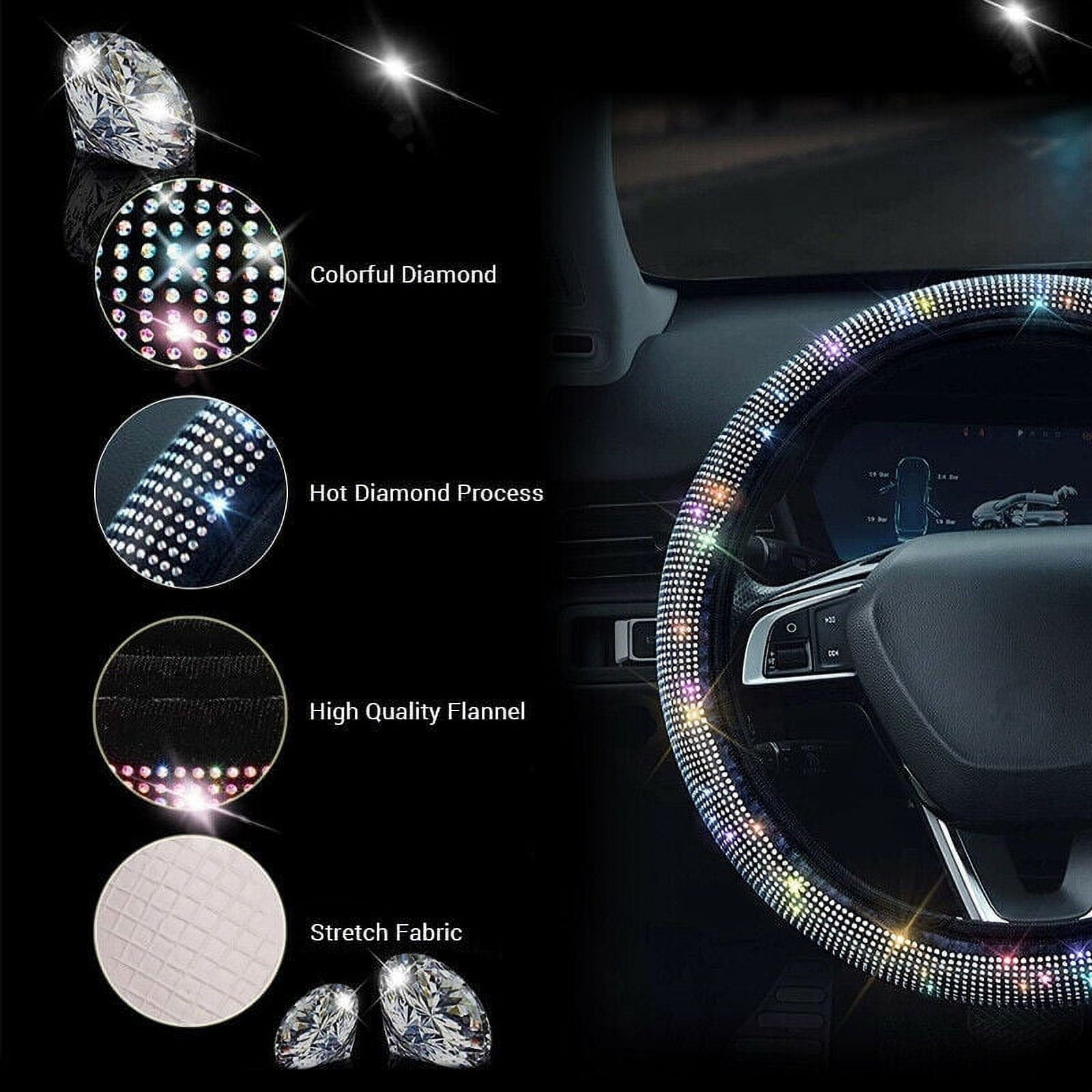 BAMILL Car Bling Steering Wheel Cover for Women Girls,15inch Universal Crystal Rhinestone Bling Anti-Slip Wheel Protector