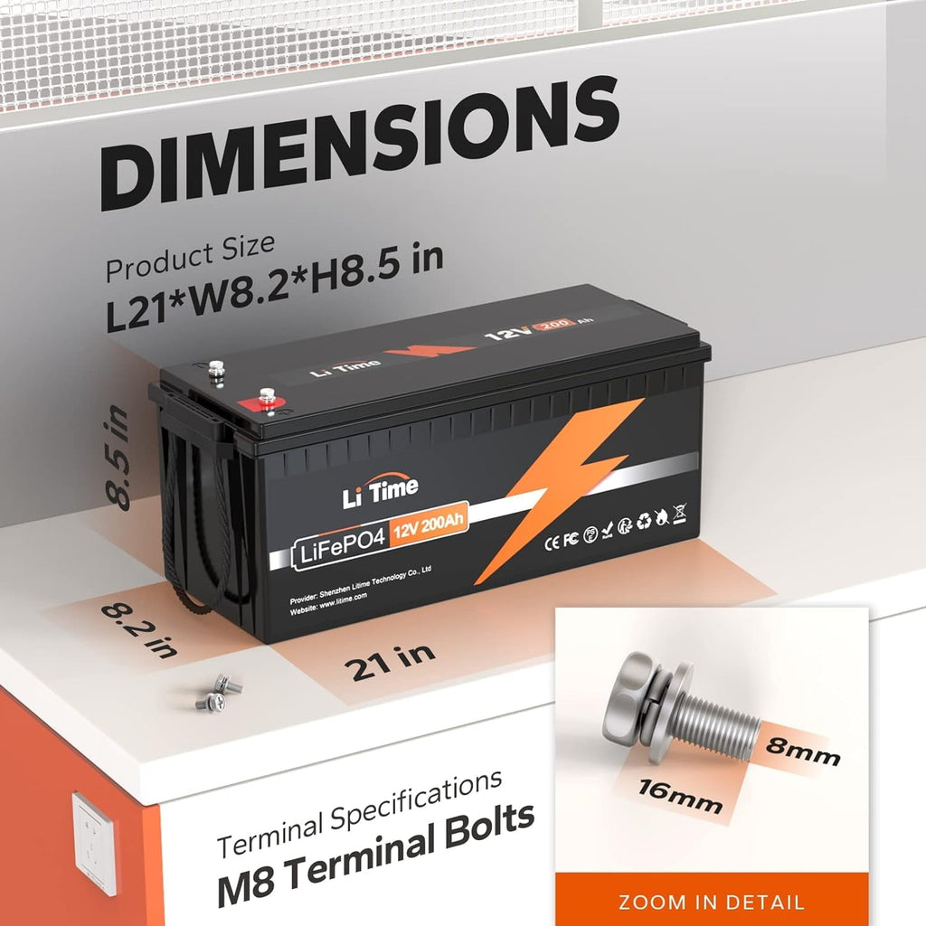 LiTime 12V 200Ah LiFePO4 Lithium Battery, Max. 2.56kWh Energy for Trolling Motor RV Off-Grid Application Motorhome