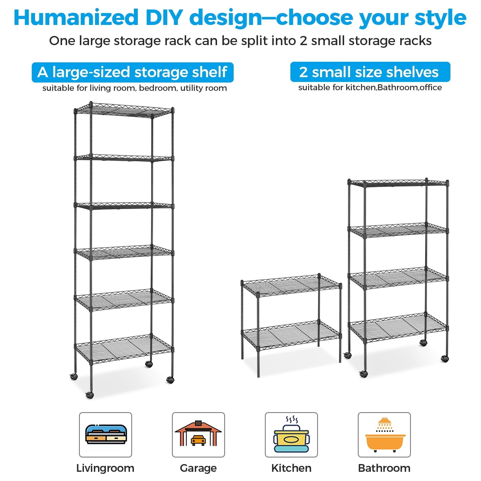6-Tier Shelf Rack Wire Shelving Unit Storage Height Adjsutable Metal Shelf with 4 Side Hooks, 260lbs Capacity Free Standing Rack Organization for Kitchen Bedroom Garage