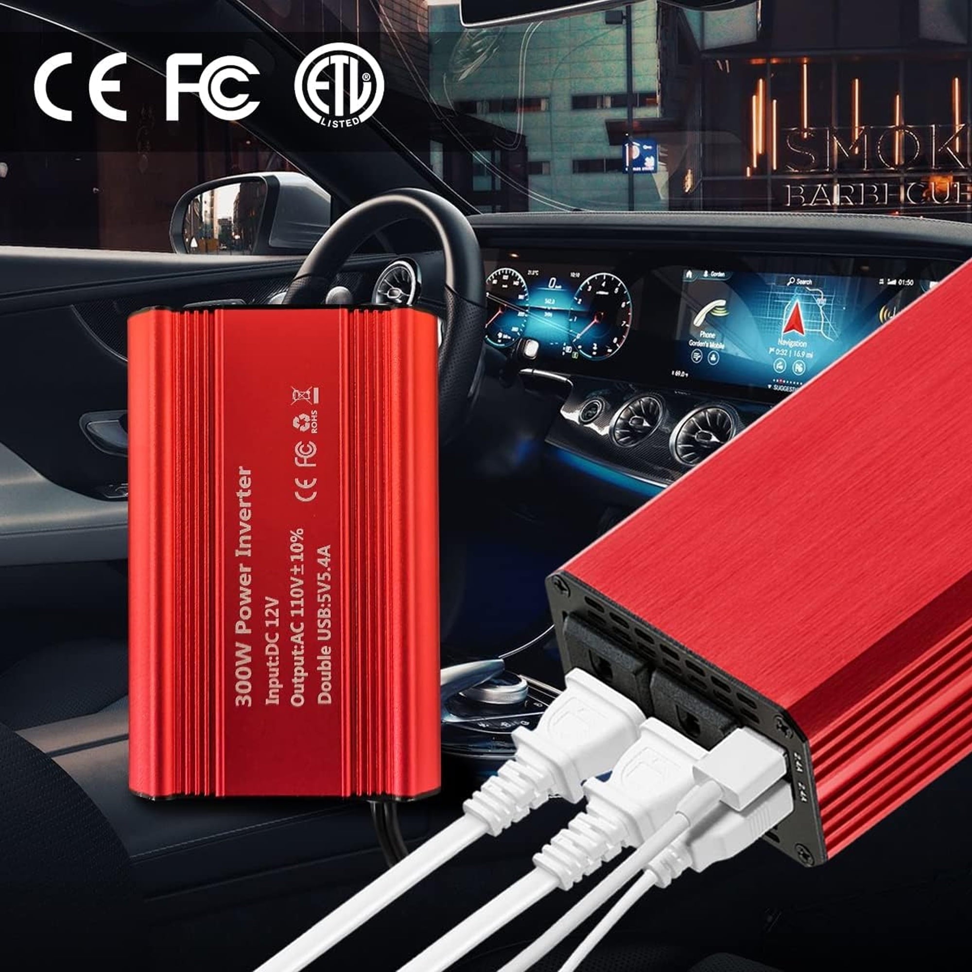 300W Car Power Inverter DC 12V to 110V AC, Car Plug Adapter Outlet with Dual USB and 2 AC Outlet, Car Charger for Laptop Computer