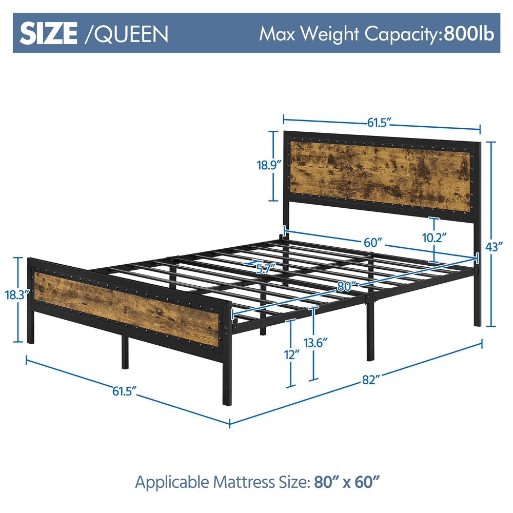 Topeakmart Industrial Metal Bed Frame with Wooden Headboard and Footboard, Queen Size, Rustic Brown