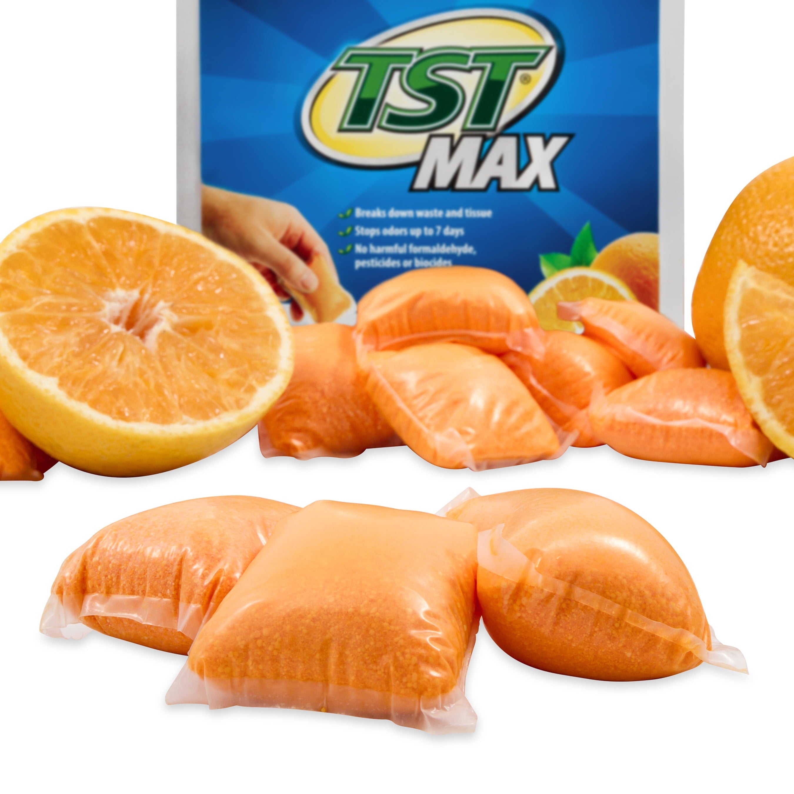Camco TST MAX Camper/RV Toilet Treatment Drop-INs | Control Unwanted Odors and Break Down Waste and Tissue | Safe Septic Tank Treatment | Orange Scent | 15-Pack (41189)