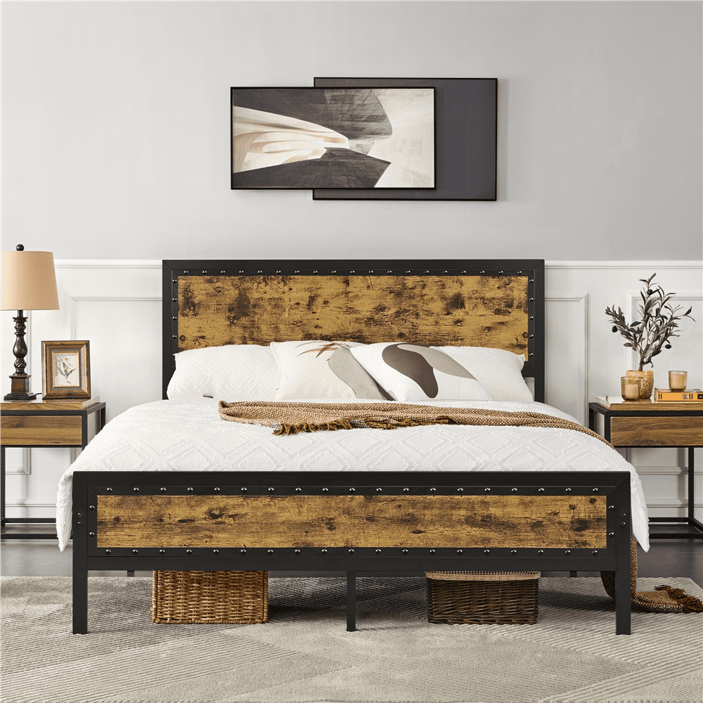 Topeakmart Industrial Metal Bed Frame with Wooden Headboard and Footboard, Queen Size, Rustic Brown