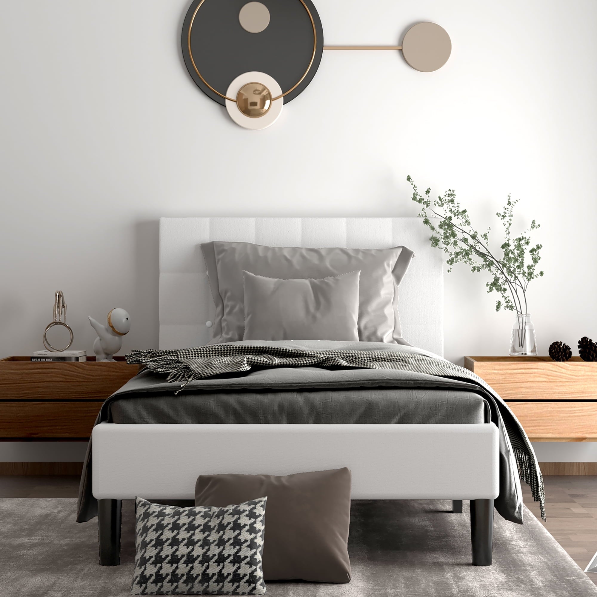 Costway Twin Upholstered Bed Frame Button Tufted Headboard Mattress Foundation Beige