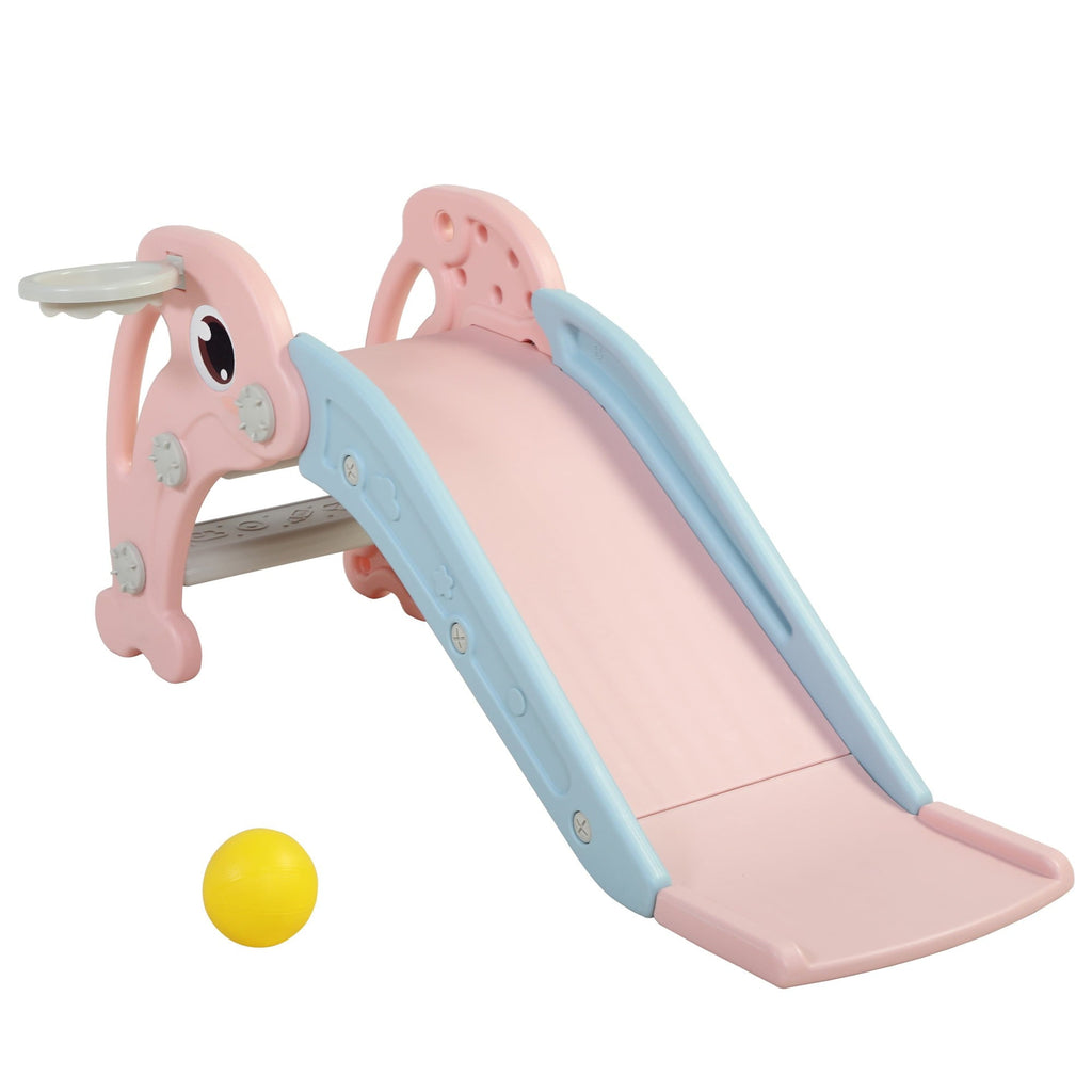 GERI 45 Inch Foldable Kid Toddler Slide Set, 2 IN 1 Slides with Basketball Hoop, Indoor Outdoor Children Playground Toy for 1-8 Year olds, Pink