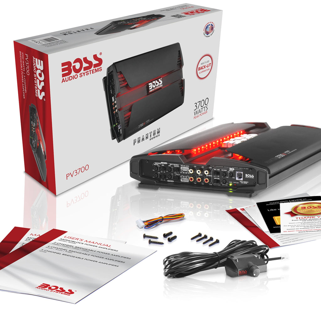 BOSS Audio Systems PV3700 5 Phantom Series Car Audio Amplifier – 3700 High Output, 5 Channel, 2/4 Ohm Stable, Low/High Level Inputs, High/Low Pass Crossover, Full Range, Bridgeable, Subwoofer