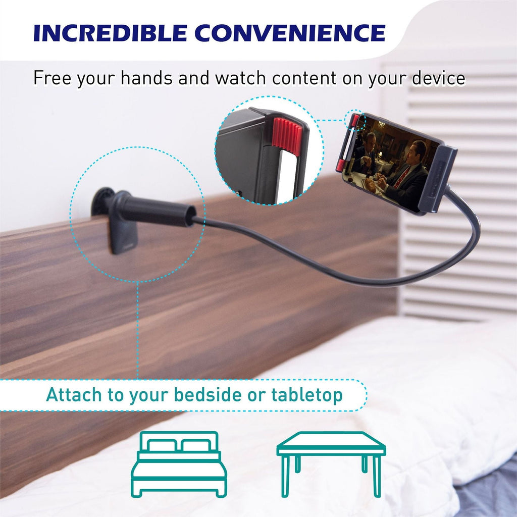 Gooseneck Phone Clip Mount Holder Clamp Stand for Bed Desk Adjustable Flexible Compatible with Android iPhone iPad, Width Up to 7.5", Black