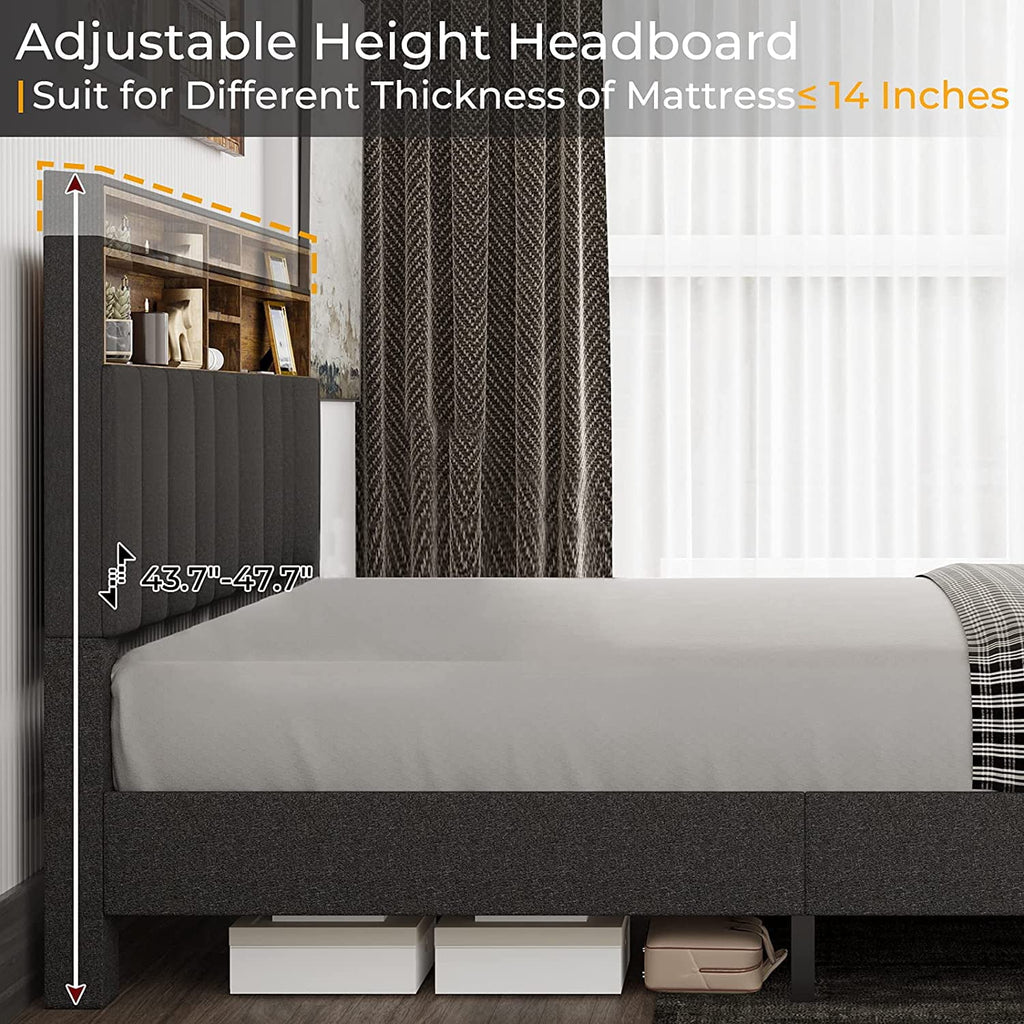 ADORNEVE Queen Size Platform Bed Frame, Modern Fabric Upholstered Bed with Power Strip and Storage Headboard Height Adjustable, No Box Spring Needed, Dark Gray