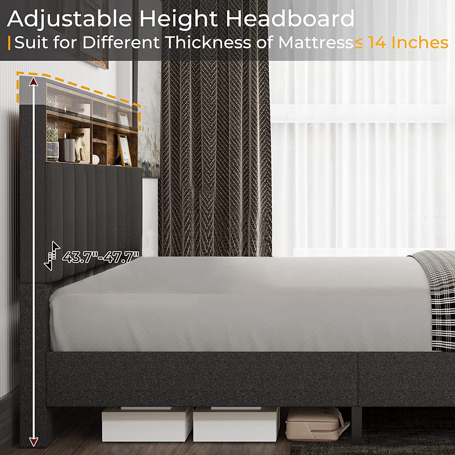 ADORNEVE Queen Size Platform Bed Frame, Modern Fabric Upholstered Bed with Power Strip and Storage Headboard Height Adjustable, No Box Spring Needed, Dark Gray