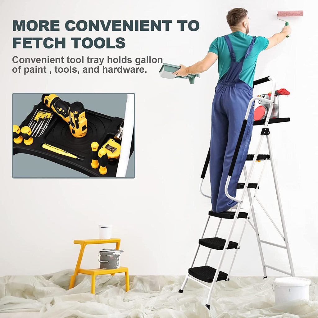 HBTower Folding 5-Step Ladder, 330lbs, with Handrails and Tool Tray and Anti-Slip Pedal, White