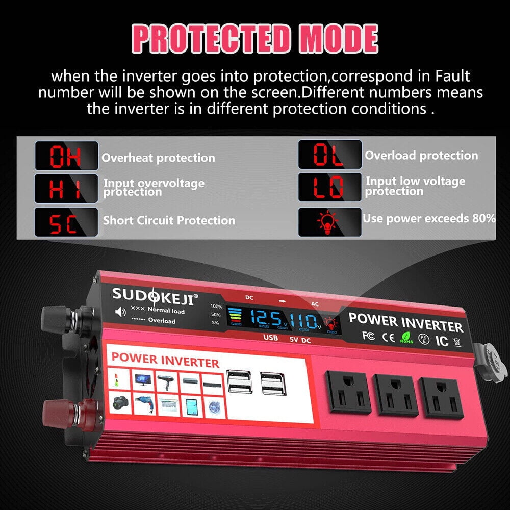 1000W Power Inverter Car Converter Adapter, 500W DC 12V to AC 110V Pure Sine Wave Solar Converter