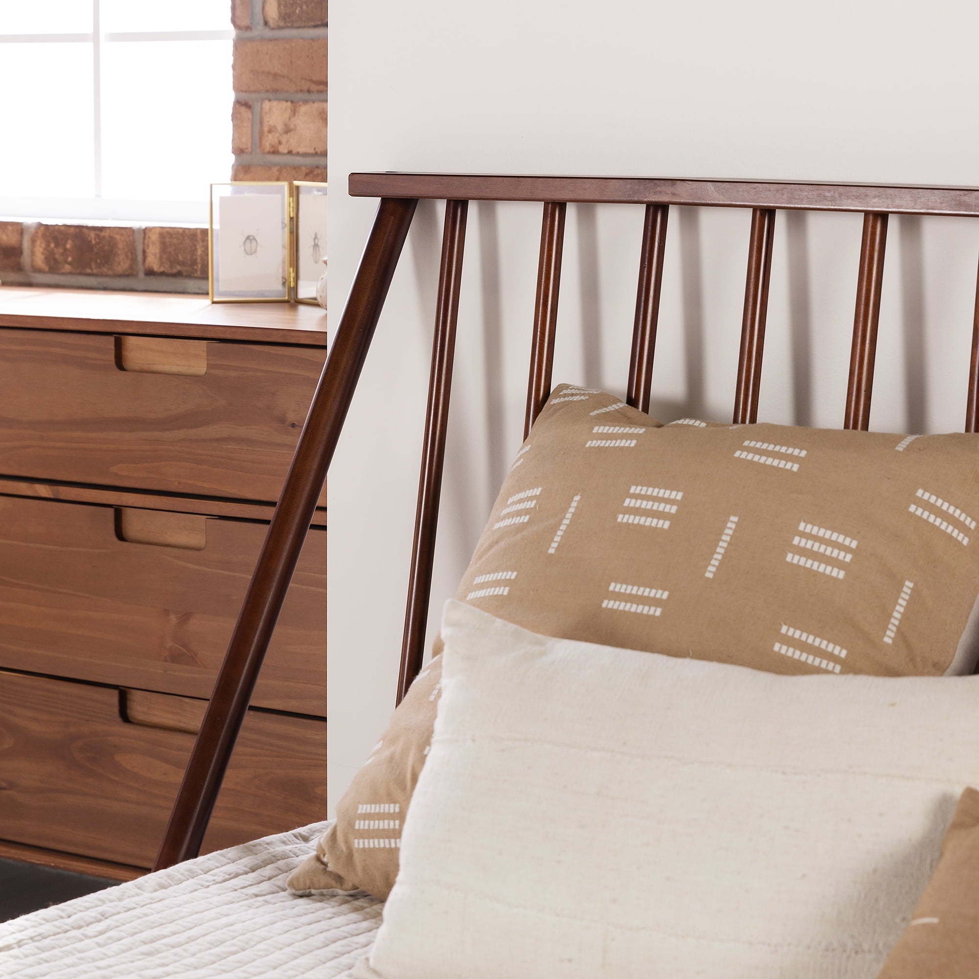 Walker Edison Modern Boho Queen Size Solid Wood Platform Bed, Walnut