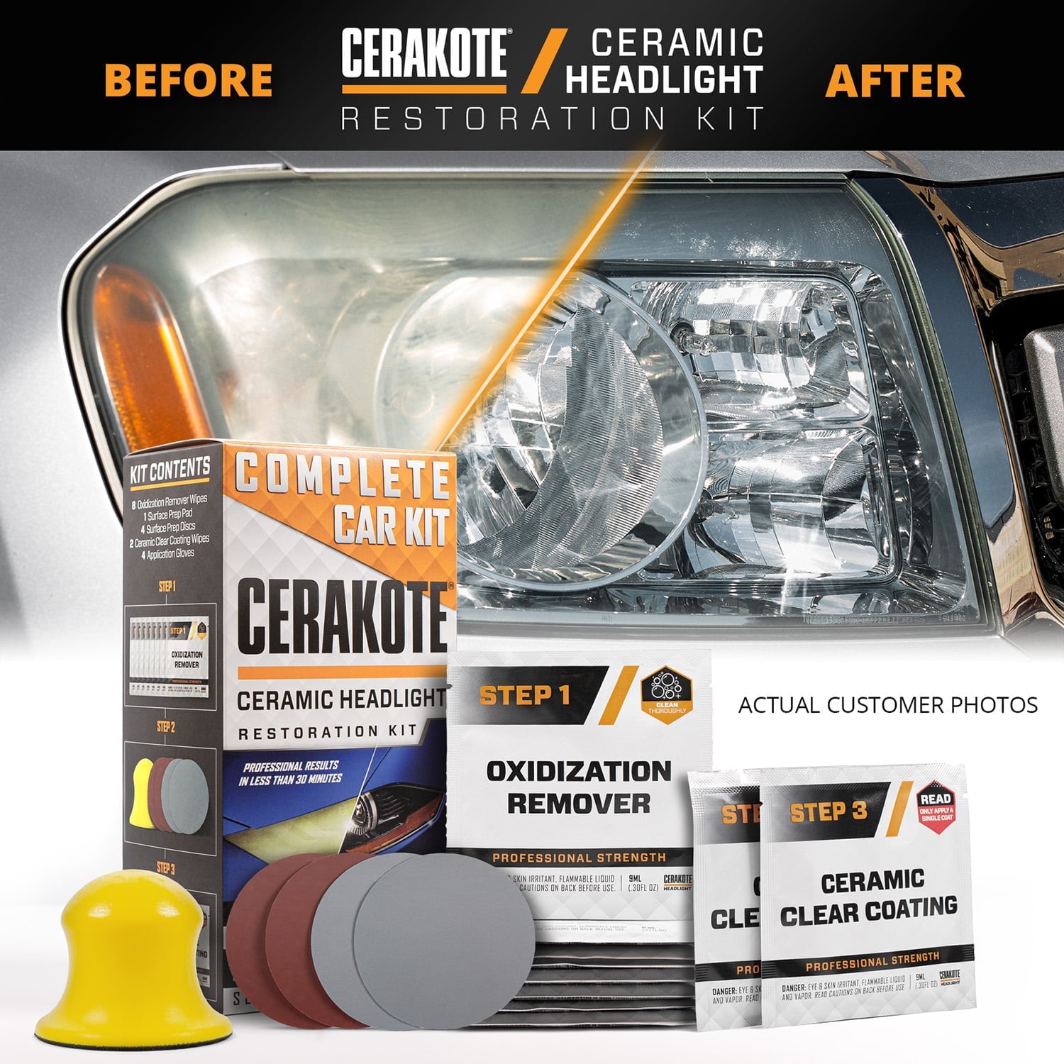 Cerakote Ceramics Headlight Restoration Kit - Last as Long as You Own Your Vehicle - Brings Headlights back to Like New Condition - 3 Easy Steps - No Power Tools Required