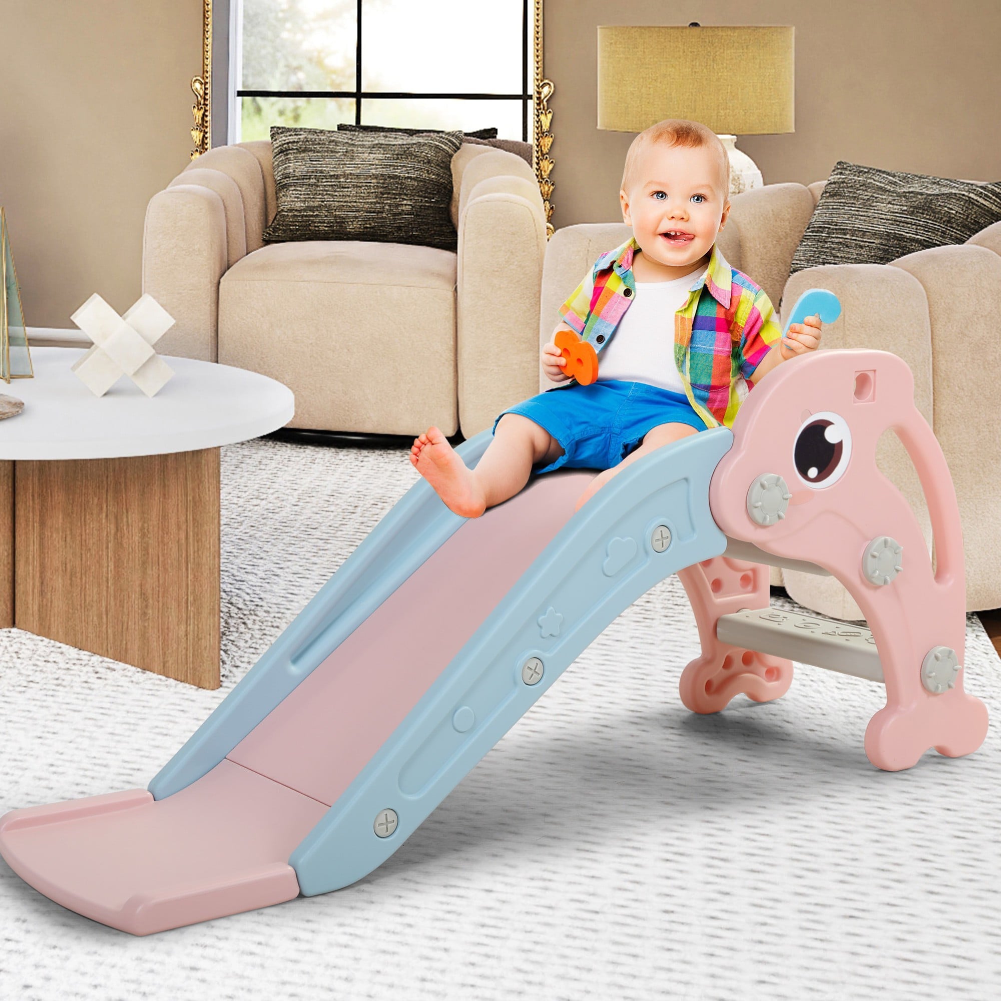 GERI 45 Inch Foldable Kid Toddler Slide Set, 2 IN 1 Slides with Basketball Hoop, Indoor Outdoor Children Playground Toy for 1-8 Year olds, Pink