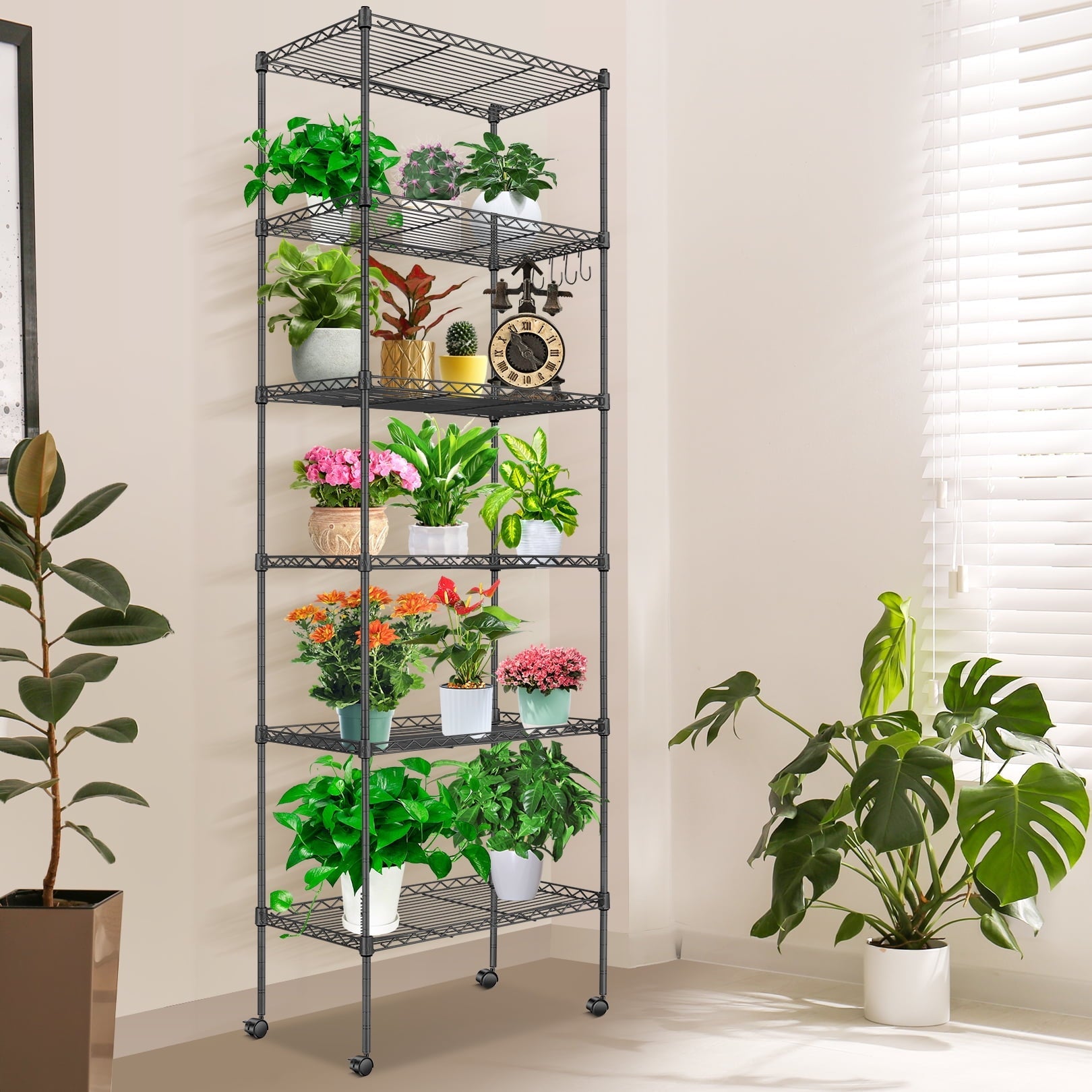 6-Tier Shelf Rack Wire Shelving Unit Storage Height Adjsutable Metal Shelf with 4 Side Hooks, 260lbs Capacity Free Standing Rack Organization for Kitchen Bedroom Garage