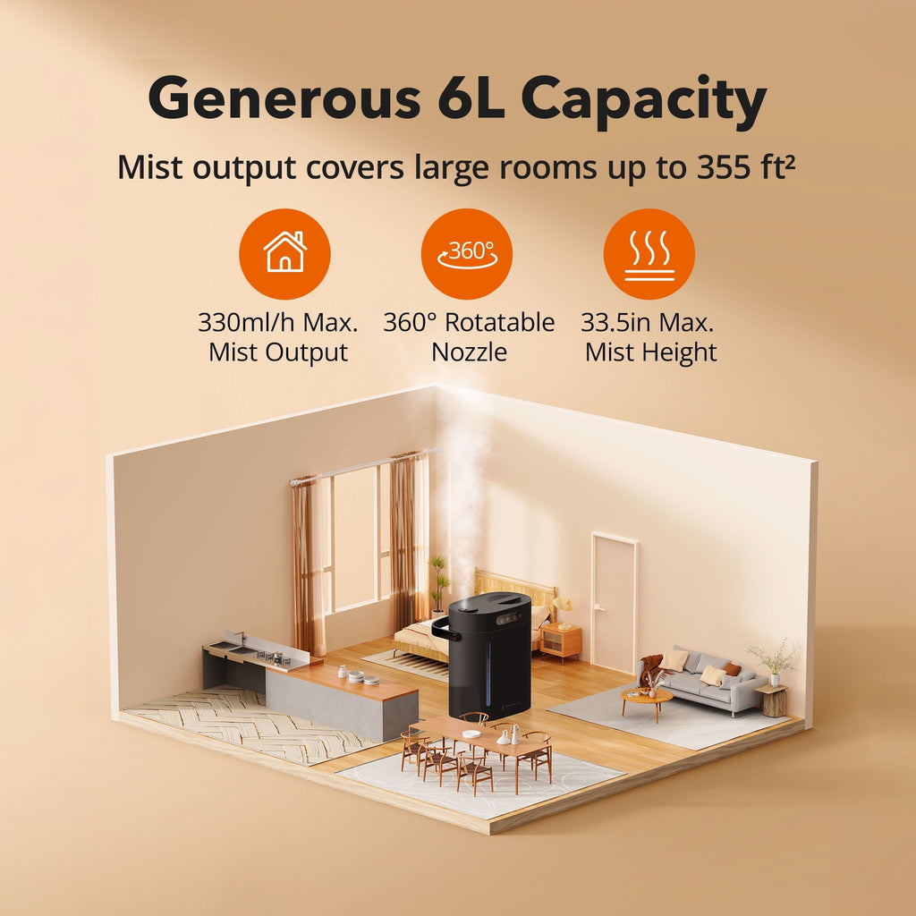Taotronics 6L Cool Mist Humidifier for Room Home Bedroom, Top Fill Humidifier with Touch Control, Adjustable 3 Mist Outputs, 3 Timers, Sleep Mode, for Office, Black