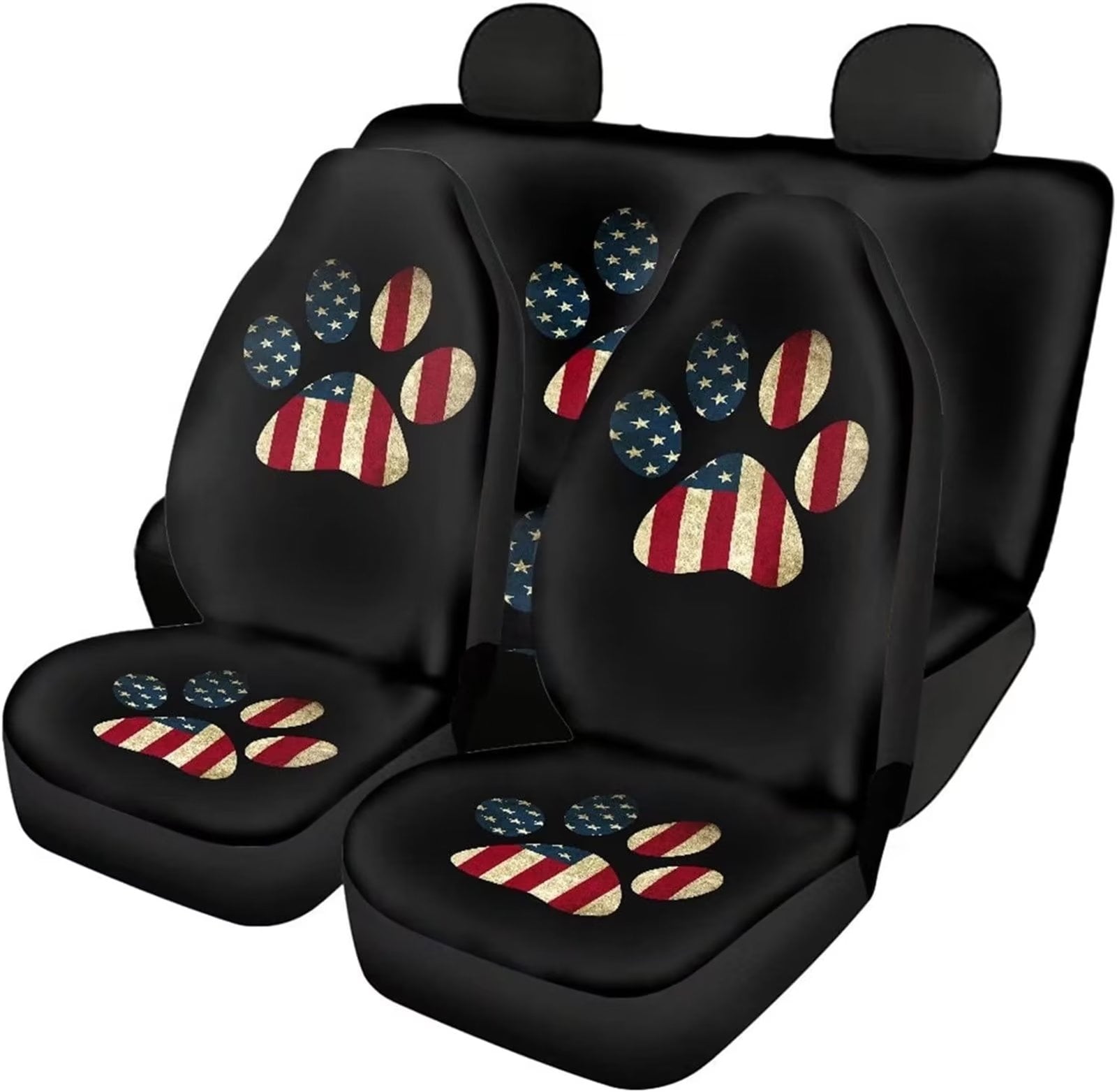 FKELYI American Flag Pet Paw Car Seat Covers Set of 4pcs,Elastic Front Seat Rear Backrest Cover Seat Cover,4 of July Patriotic Auto Car Seat Cushion Cover Accessories,Universal Fit