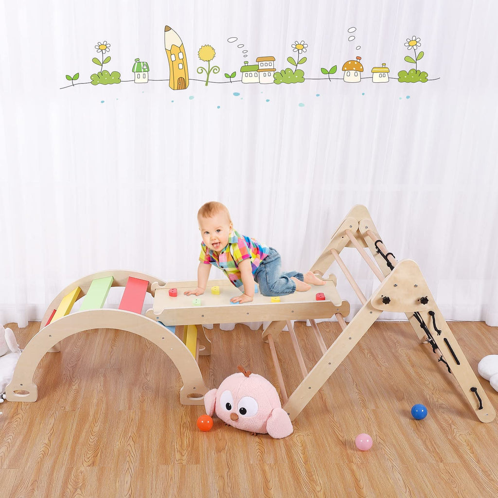 GymChoice Toddler Indoor Gym Playset,4 In 1 Pikler Triangle Gym,Foldable Climber with Ramp, Indoor Climbing Toys for Kids, Climbing Triangle for Toddlers Arch Climber, Rocker, 18M+