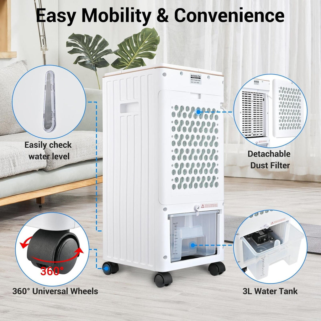 Vebreda Air Cooler Portable Evaporative Air Cooler Fan with Remote Control Casters Suitable for Home Office