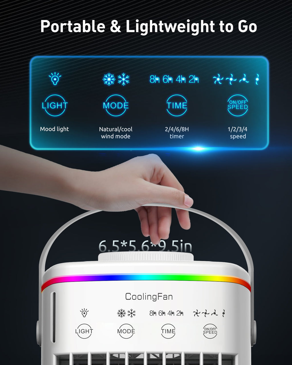 Mini Portable Air Conditioner, 6-in-1Personal Air Cooler, Evaporative Air Conditioner Fan with 4 Wind Speeds & Cool Air Spray Duration 10 Hrs Humidifier for Room Office - Need to be Plugged in for Use