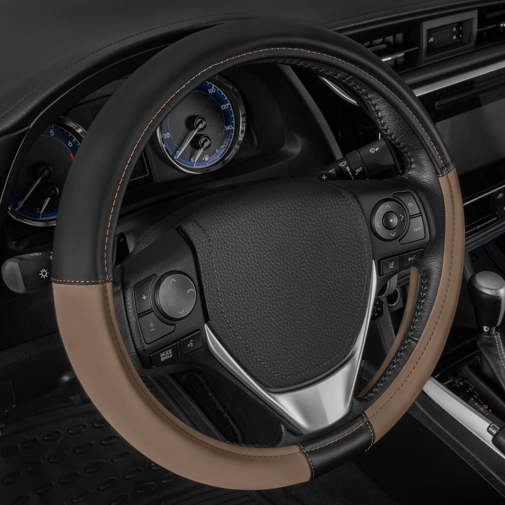 CATERPILLAR Two Tone Ergonomic Soft Leather Grip Steering Wheel Cover - Strong, Durable and Comfortable Universal Size 14.5-15.5" (Dark Gray / Black)