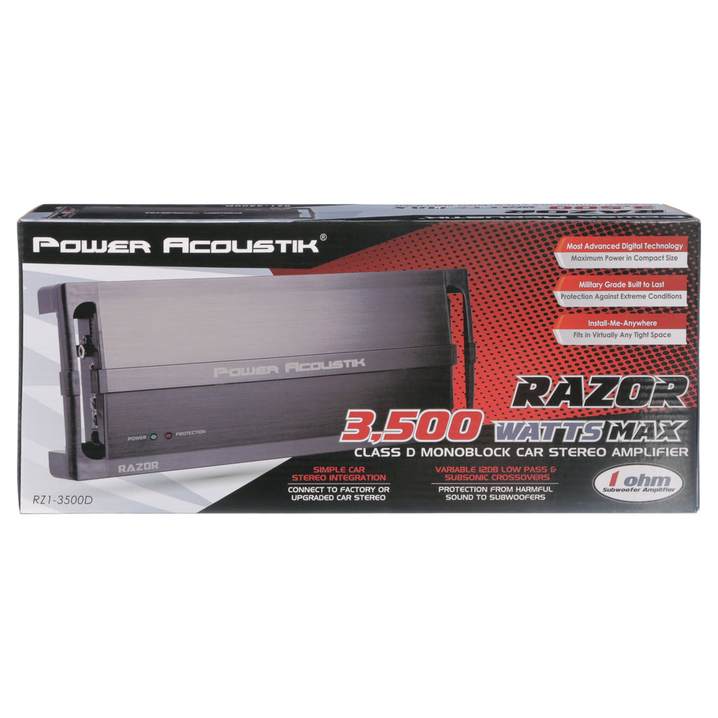 Power Acoustik Razor RZ1-3500D Car Amplifier, 3500 W PMPO, 1 Channel, Class D