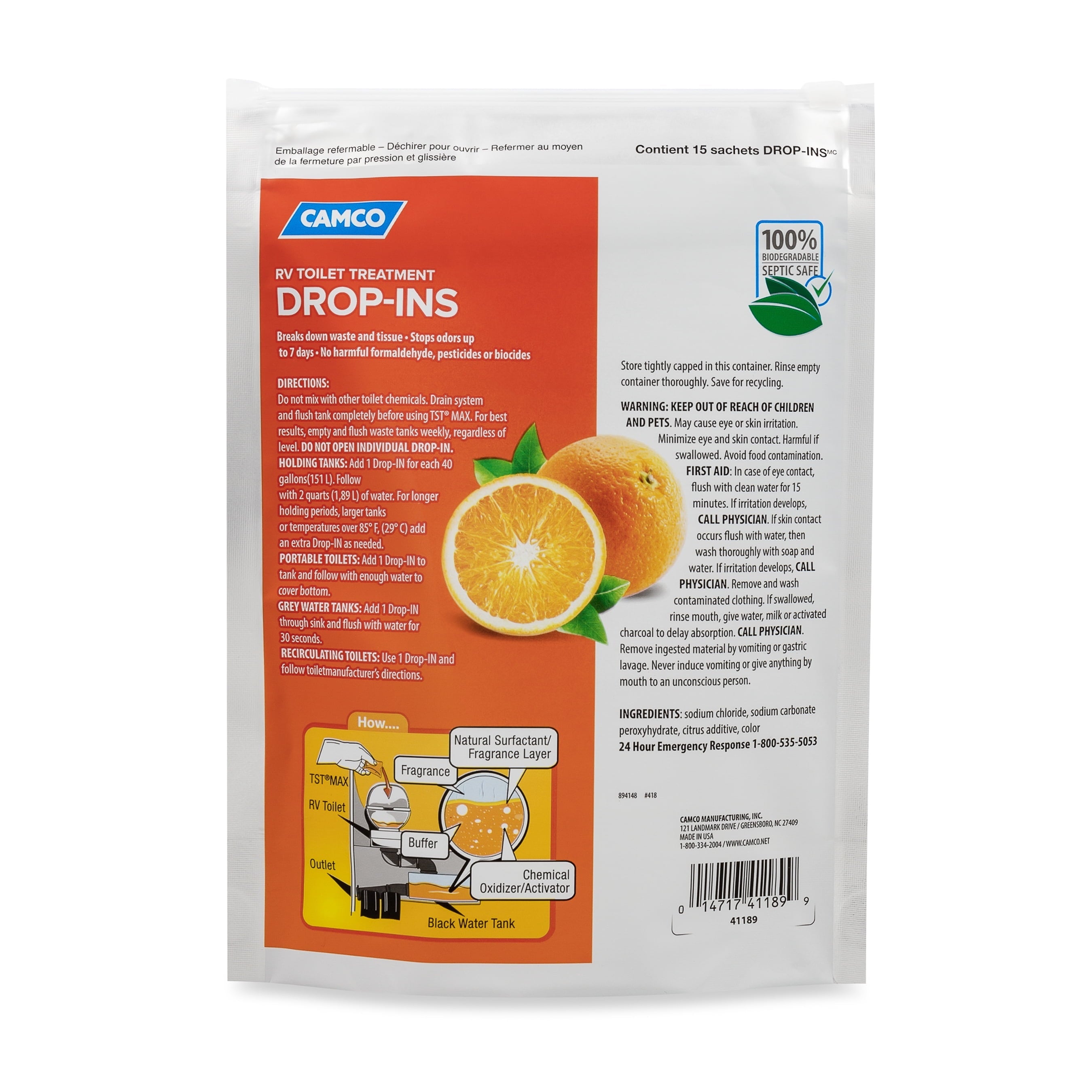 Camco TST MAX Camper/RV Toilet Treatment Drop-INs | Control Unwanted Odors and Break Down Waste and Tissue | Safe Septic Tank Treatment | Orange Scent | 15-Pack (41189)