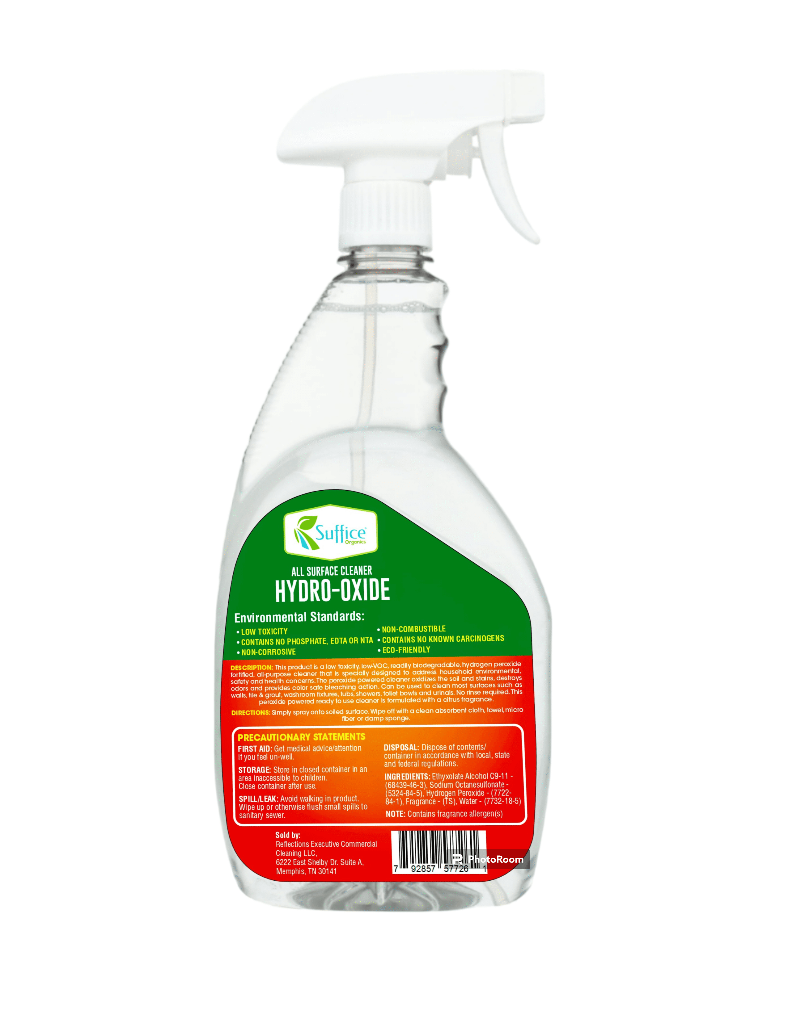Suffice Organics. Natural Kid Friendly Pet Friendly Hydro-Oxide Peroxide  All-Purpose Cleaner and Degreaser