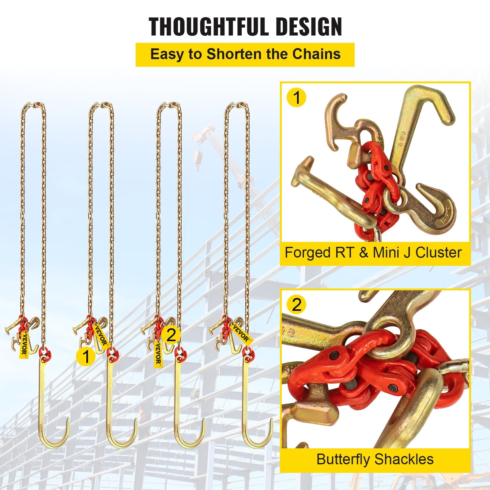 BENTISM 5/16"x10' Long Shank J Hook Tow Chain w/ 15" Large J Hooks & RTJ Hooks X2