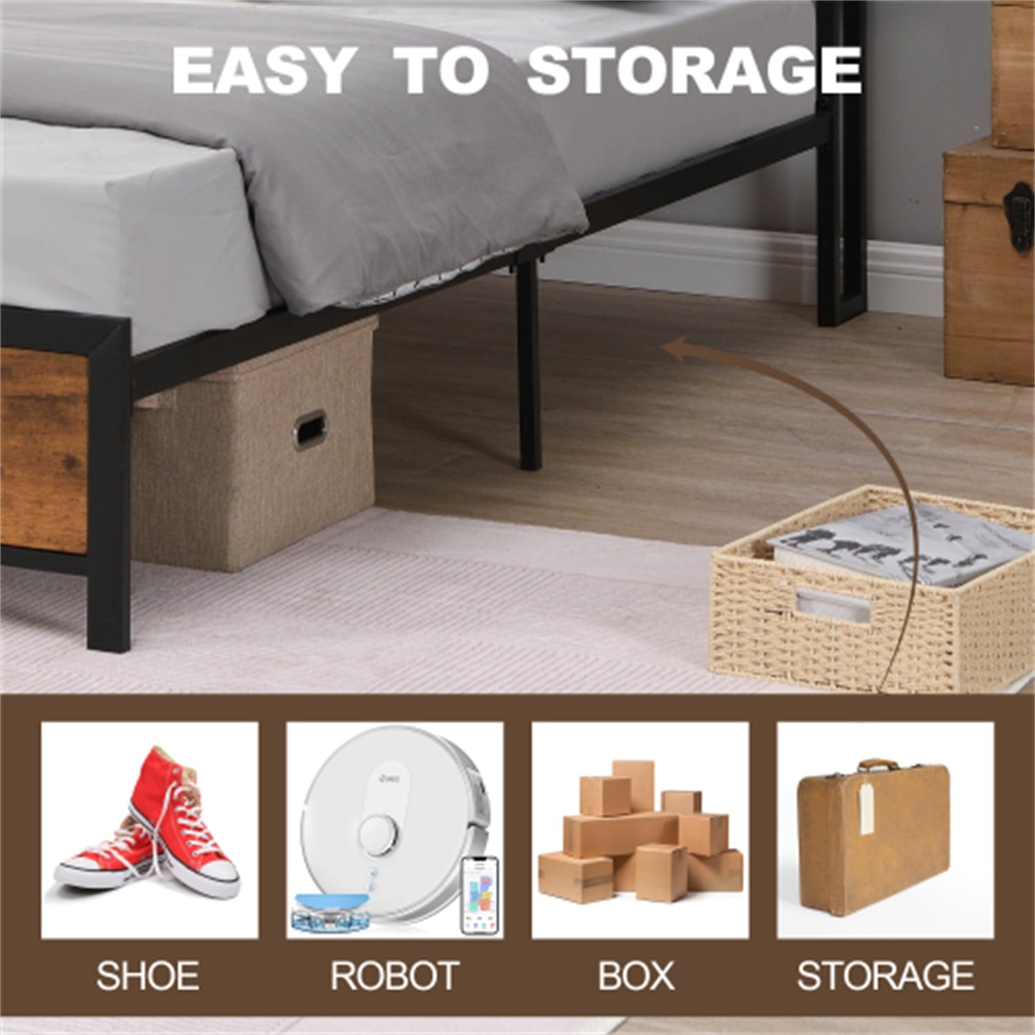 Full Size Platform Bed with LED Lights and 2 USB Ports, Industrial Full Bed Frame with Under-Bed Storage and Wooden Headboard, Noise Free, No Box Spring Needed, Rustic Brown