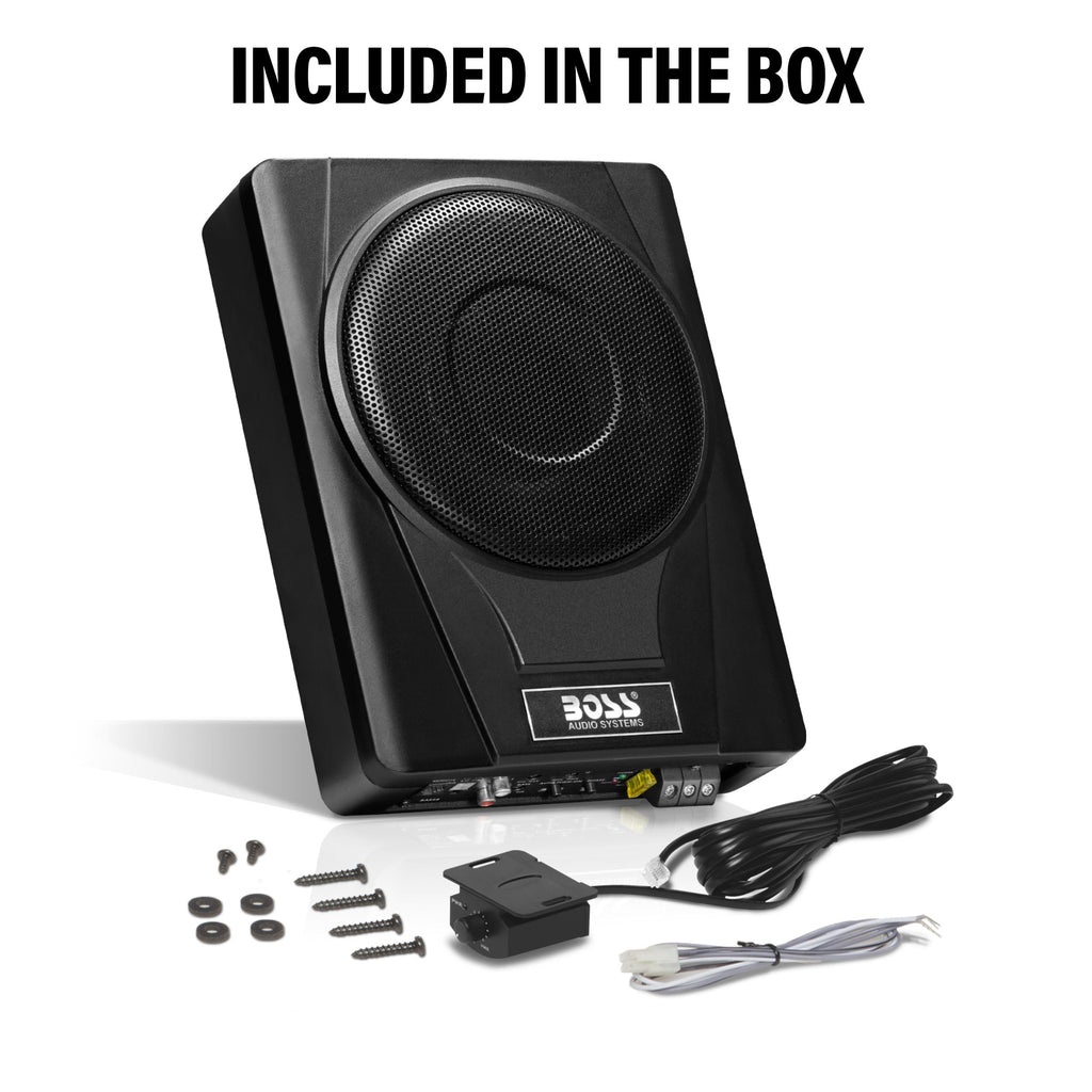 BOSS Audio Systems BASS8 8 Inch Under Seat Powered Car Subwoofer – 800 High Output, Low Profile, Built In Amplifier, For Truck, Boxes and Enclosures, Remote Subwoofer Control