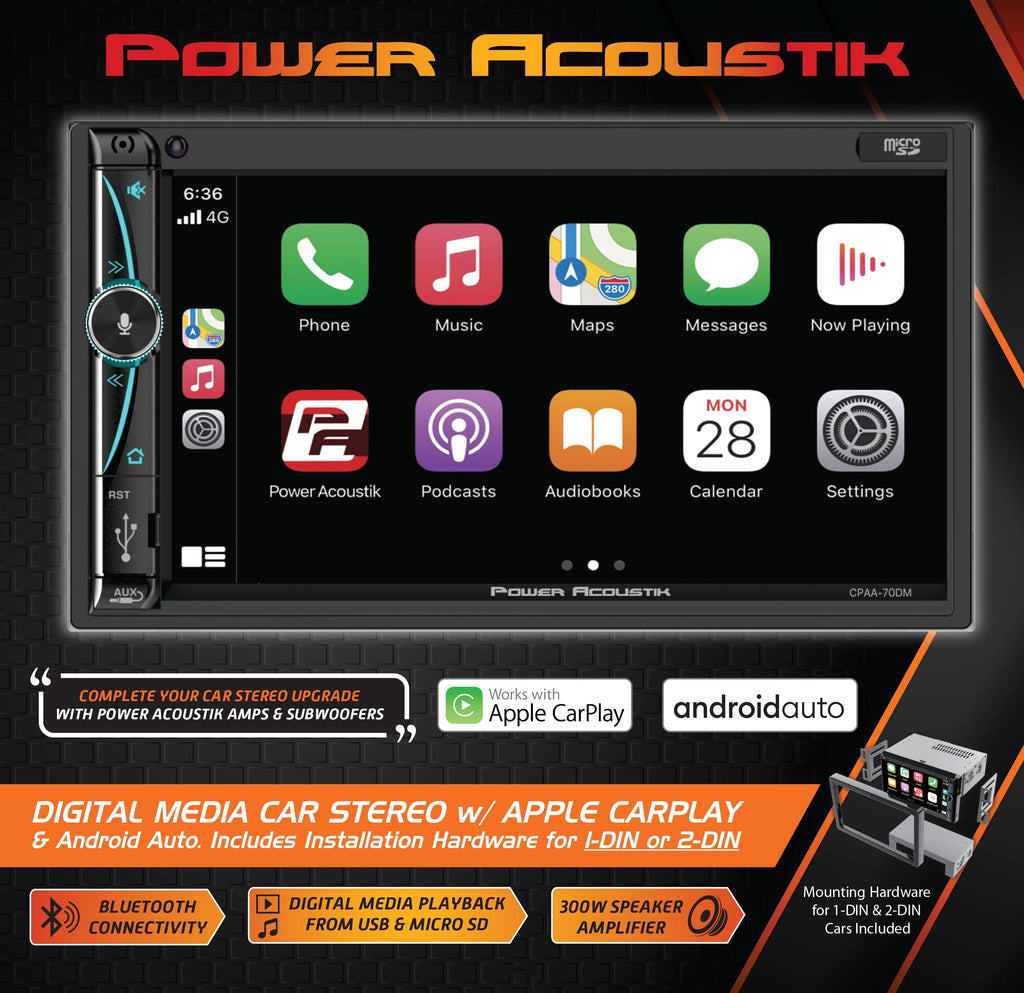 Power Acoustik Car Stereo Bundle: 7" Mechless HD LCD with Capacitive Touchscreen & Bluetooth with (2) 6.5" Speakers | Car Play and Android Auto | Fits 1-DIN and 2-DIN | (WMH7-S1)