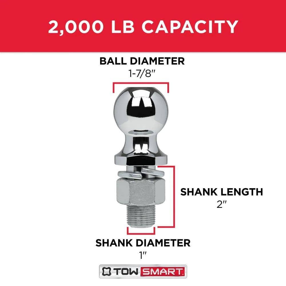 TowSmart Trailer Hitch Ball, Class I, 1-7/8in Ball, 1in x 2in Shank, 2000lb, 712, Chrome, 1 Each