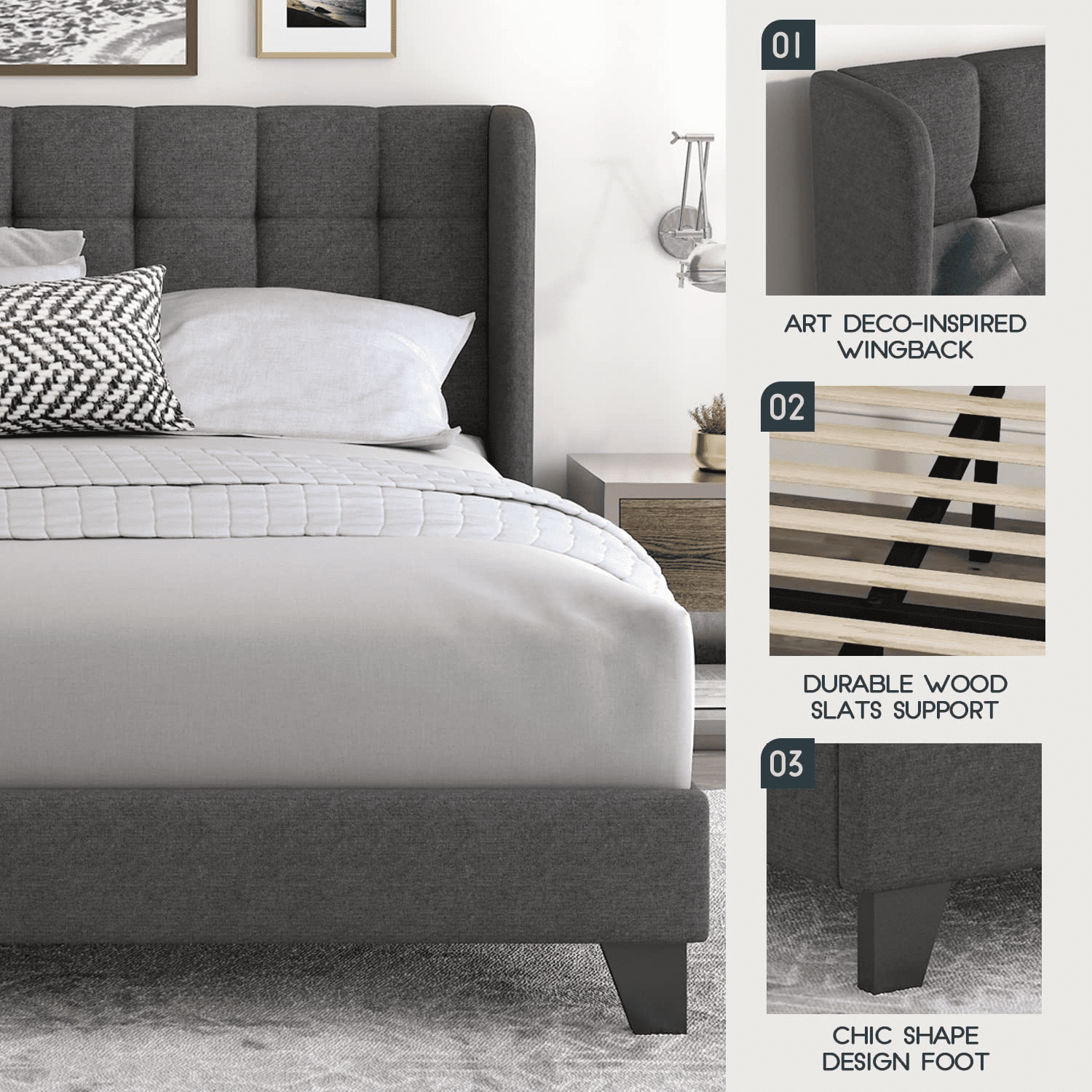 Einfach Queen Platform Bed Frame with Upholstered Wingback Linen Fabric Square Stitched Headboard, Dark Grey