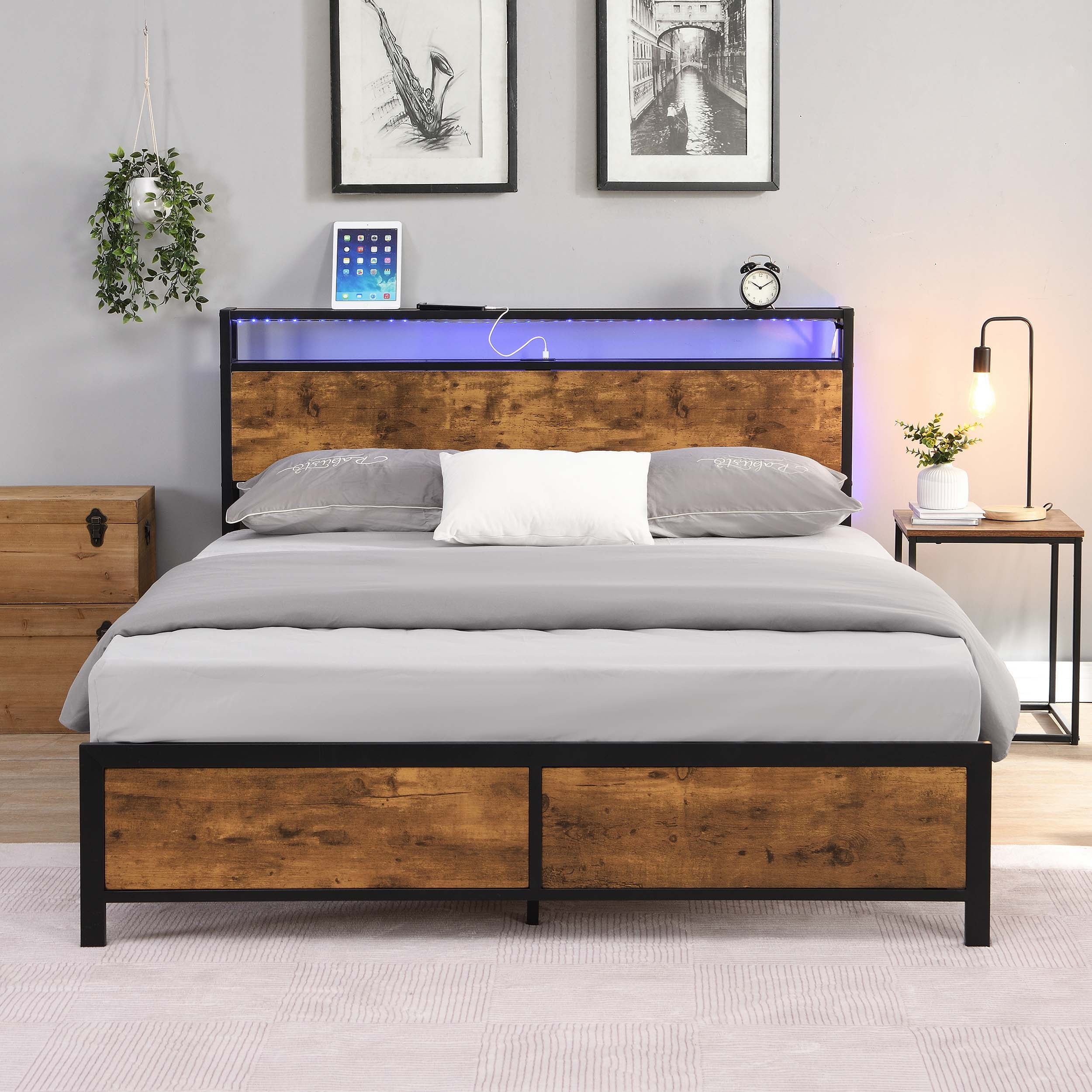 Miniyam Full Size Platform Bed Frame with 2 USB Ports & LED Lights, Vintage Brown