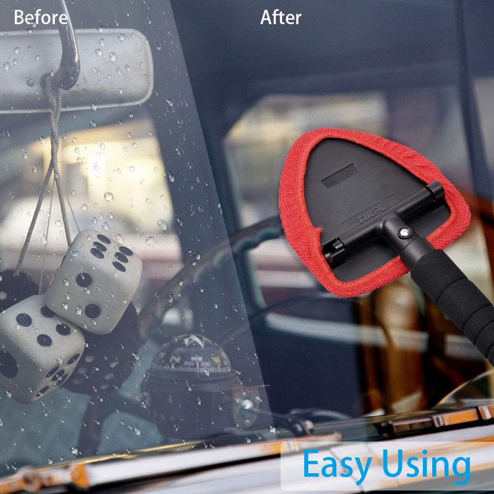 AutoEC Windshield Cleaner Car Window Cleaner Cleaning Tool with Extendable Handle and 2 Reusable Removable Coral Cap, Car Wash Brush, Red