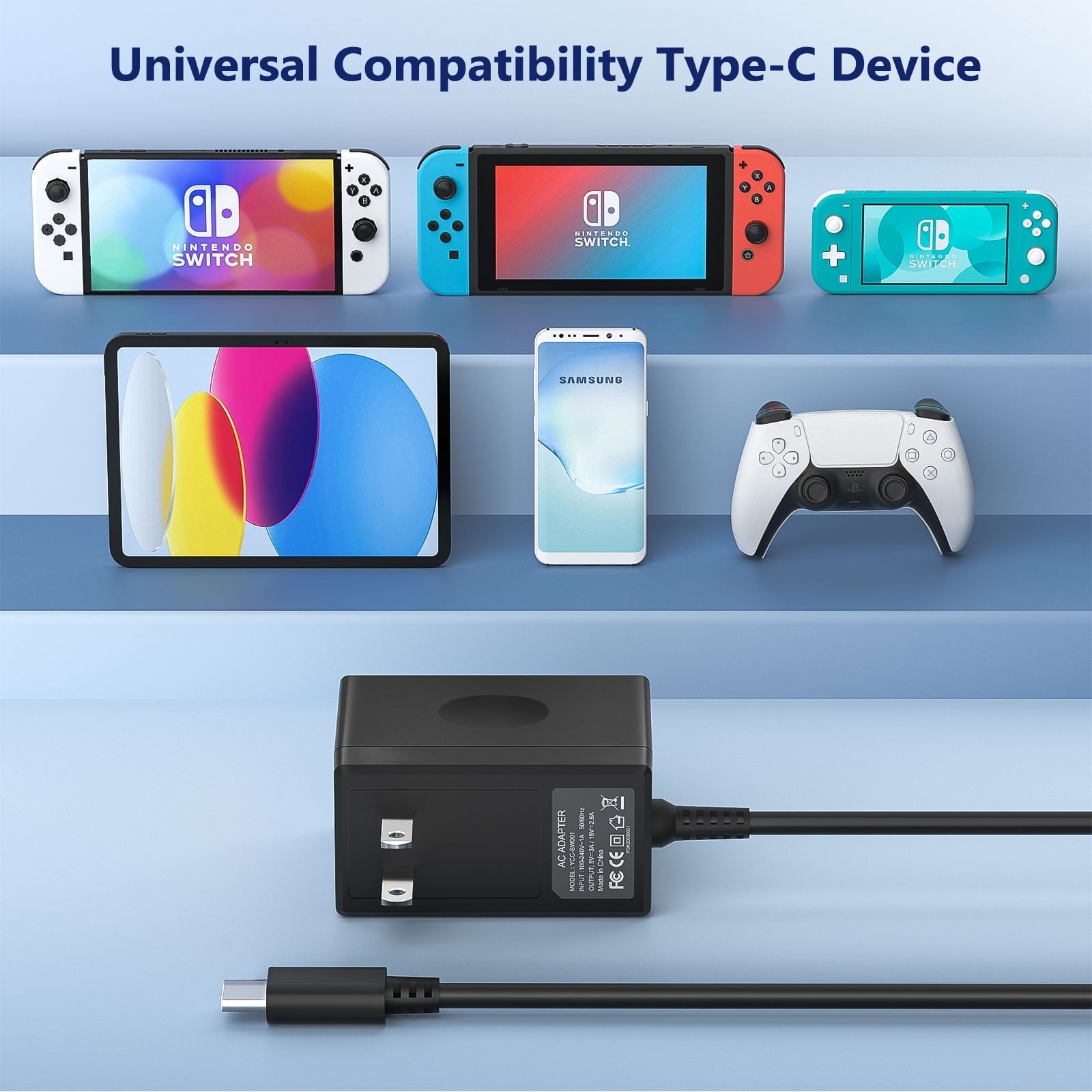 Charger for Nintendo Switch, Switch Charger AC Adapter Power Supply 15V 2.6A Fast Charging Kit Compatible with Switch Dock/Switch and Pro Controller (Support TV Mode)
