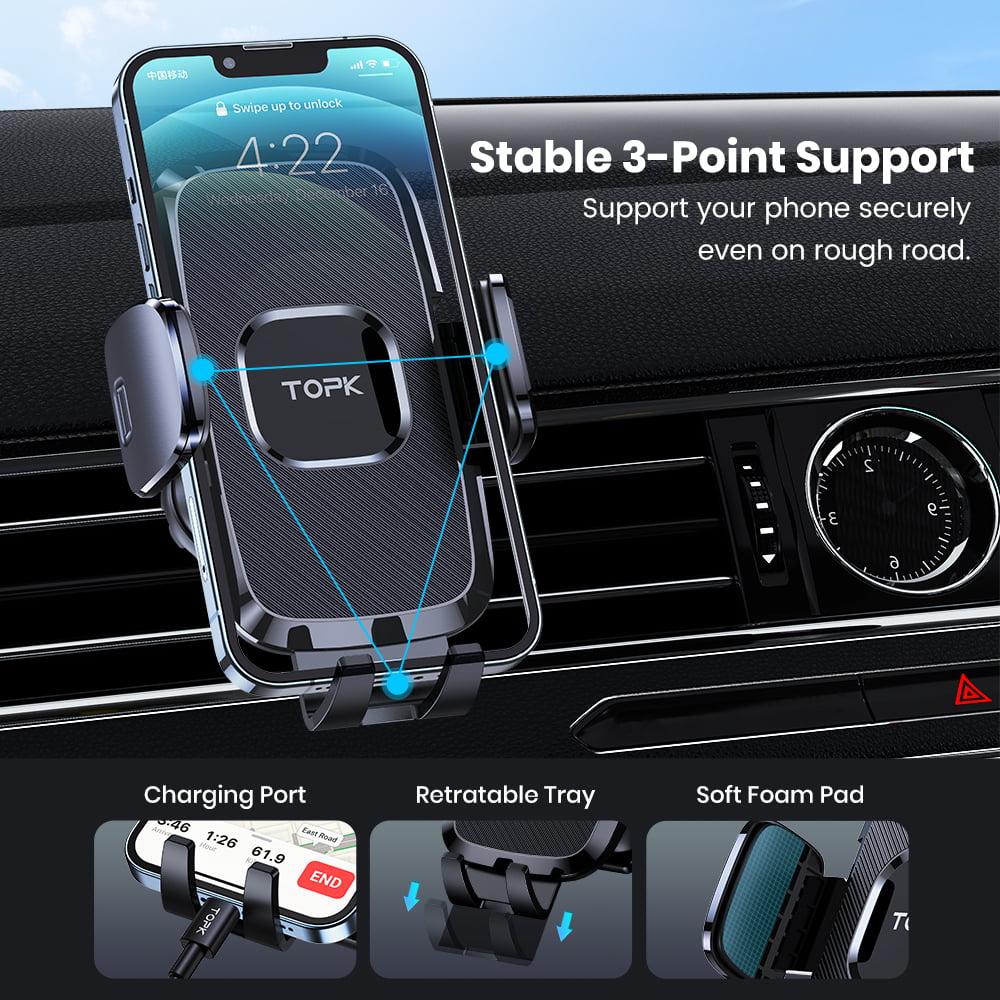 TOPK Cell Phone Holder for Car with Hook Clip Air Vent Car Mount 360° Rotation Universal Mobile Phone Mount