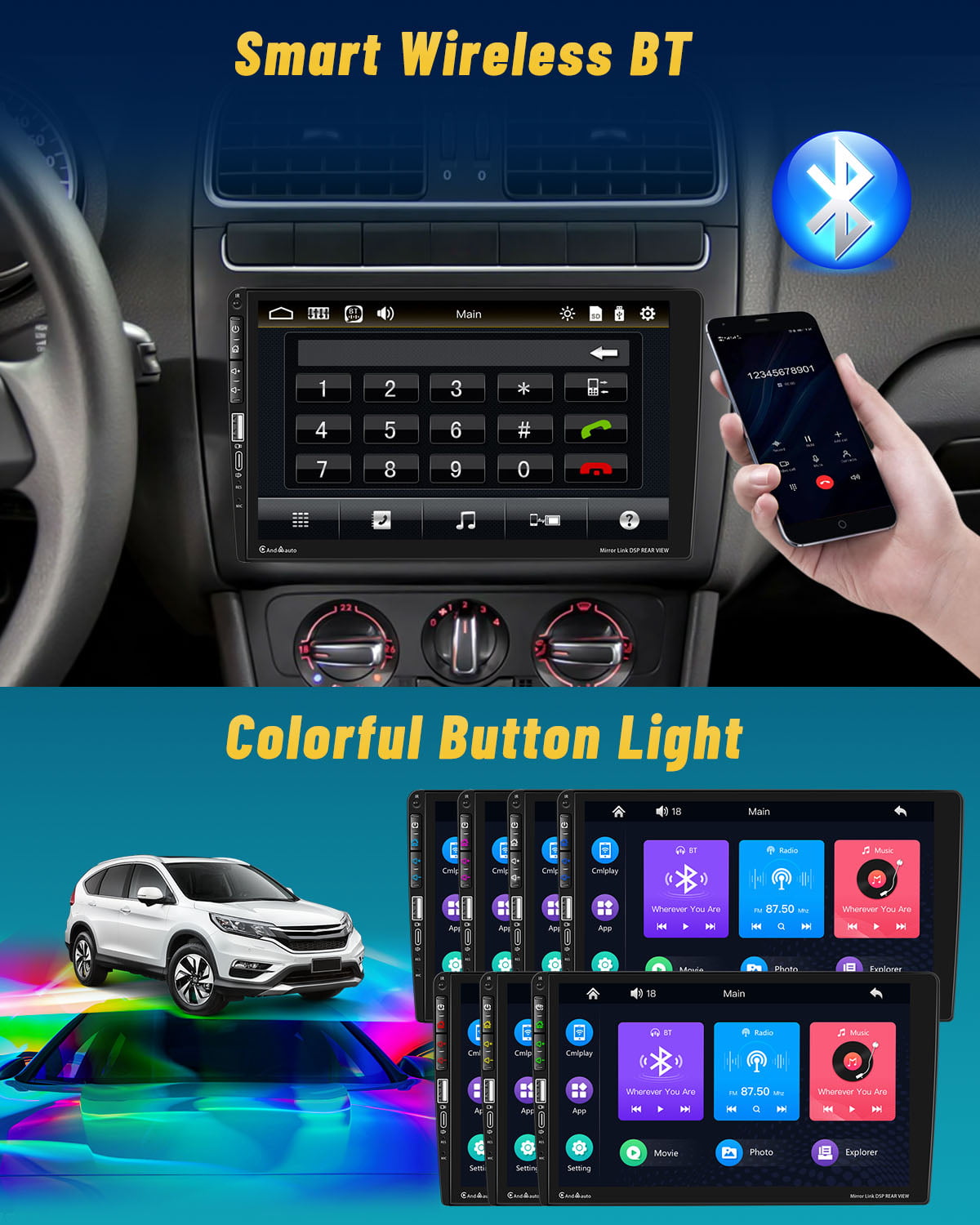 Hongchen Single 1 DIN 9'' Car Stereo Radio Type C Apple Carplay Android Auto Mirror Link HD Touch Screen Car MP5 Multimedia Player Bluetooth FM USB&Microphone(With Backup Camera)