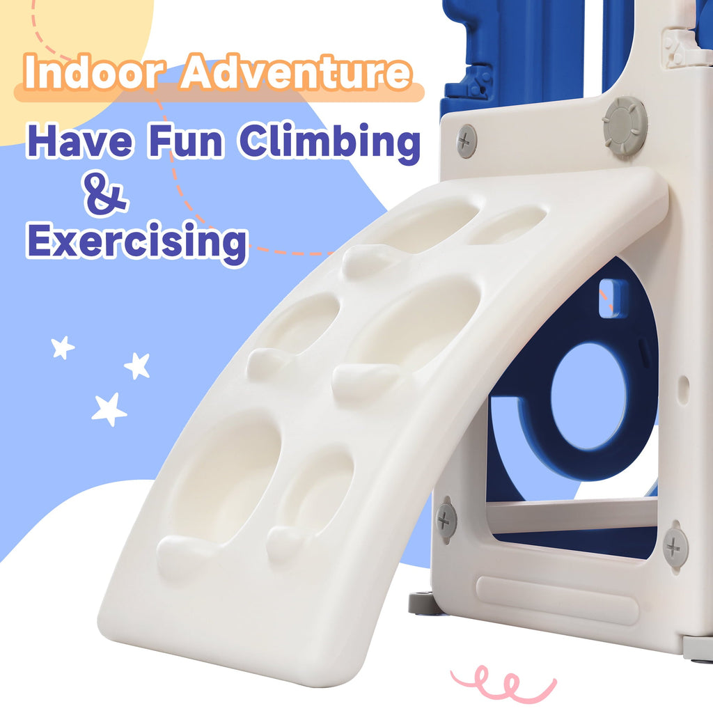 4 in 1 Toddler Climber and Slide Set, Freestanding Kids Playground Set with Basketball Hoop and Hidden Storage Space, Play Combination for Indoor Outdoor, Blue