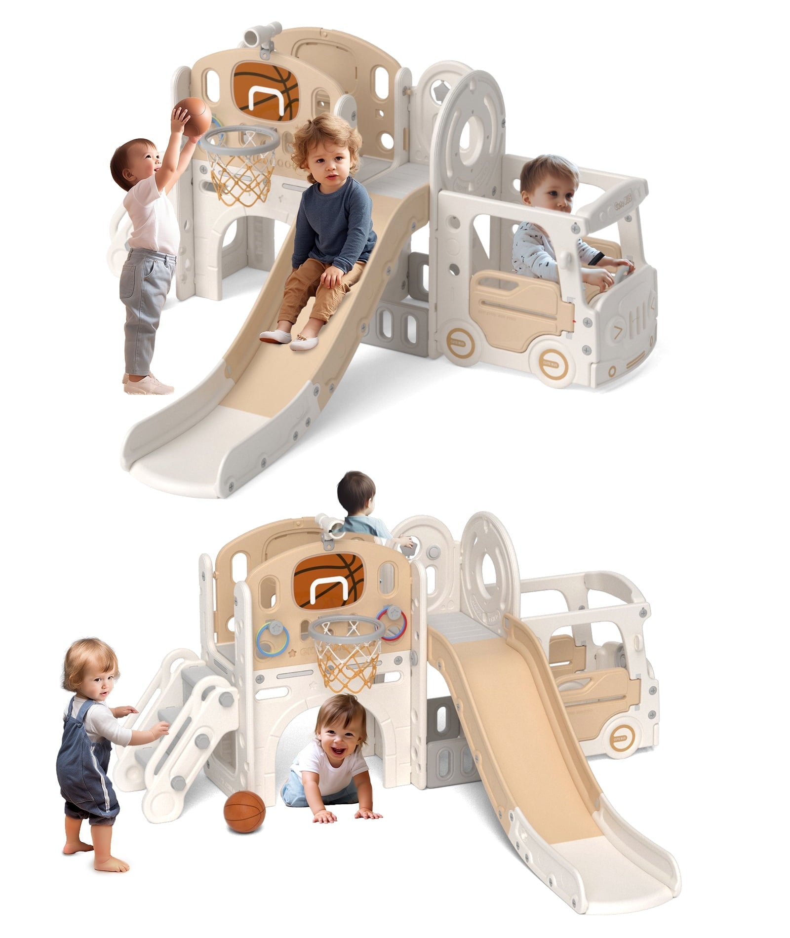 XJD 10 in 1 Toddler Slide, Kids Slide for Toddlers Age 1-3, Toddler Play Climber Slide Playset with Basketball Hoop and Ball, Toddlers Outdoor Indoor Playground(Beige+Coffee)