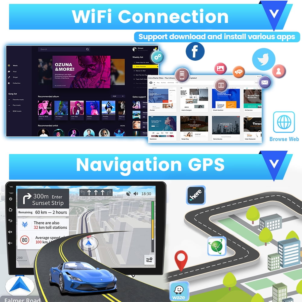 Podofo 1+16G Double DIN 9'' Touchscreen Car Stereo Radio Wireless Carplay Android Auto Mirror Link Android 11 HD 1080P WIFI GPS FM Bluetooth, AHD Backup Camera