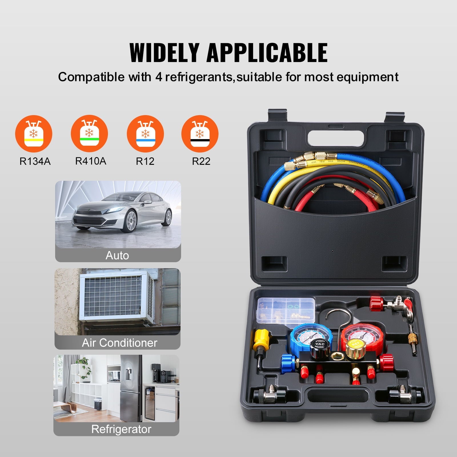BENTISM 4-Way AC Manifold Gauge Set Fit R134A R22 R12 R502 Refrigeration Charging with Portable Case 4PCS Hoses for Air-Conditioning Refrigerator Maintenance