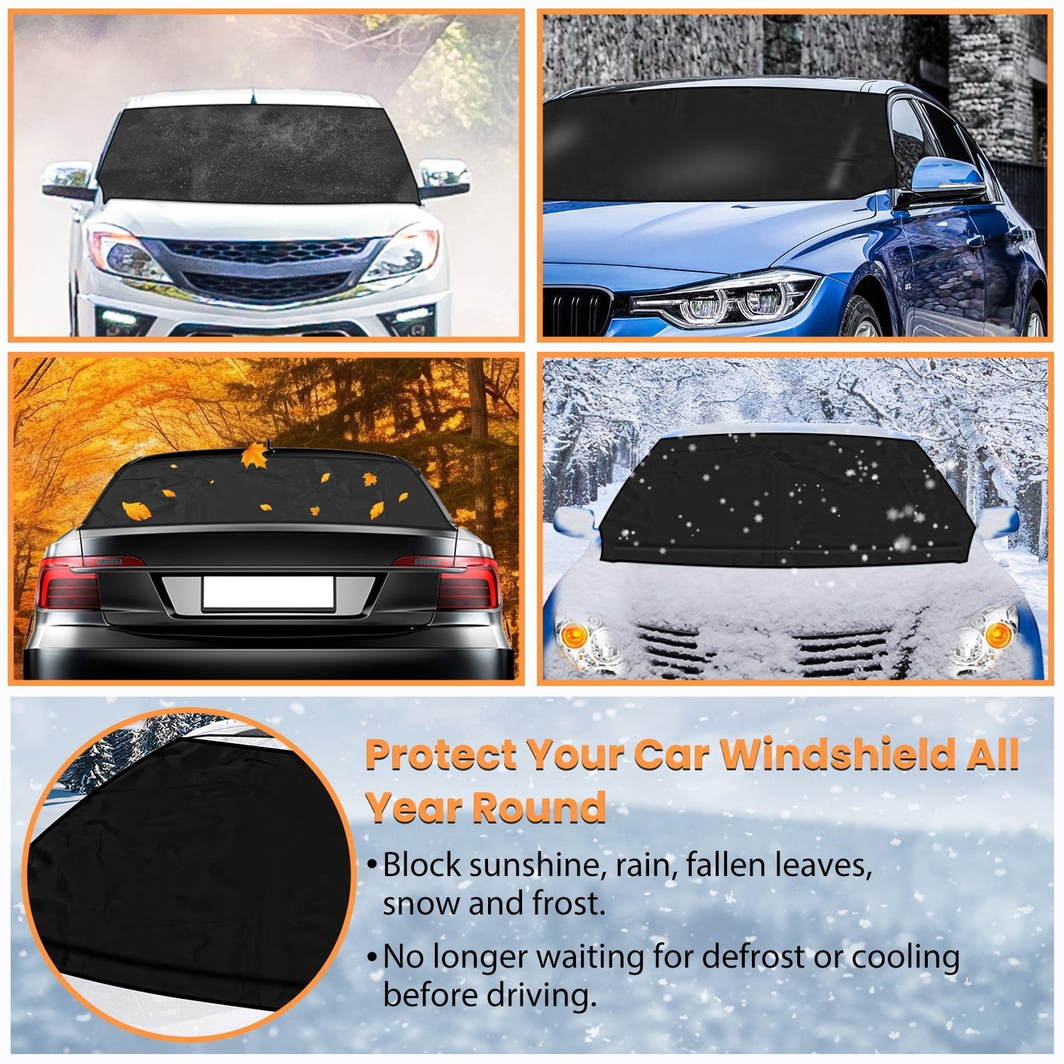 iMounTEK Front Rear Car Frost Guard Winter Windshield Cover for All SUV MPV, Car Accessories for Protection, Black CJ4524