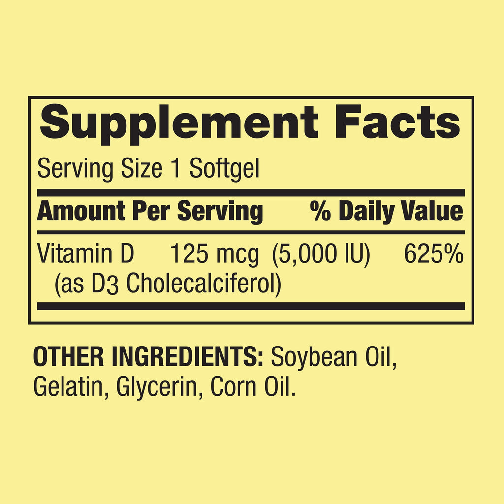 Spring Valley Vitamin D3 Softgels, 125 mcg per Softgel, 5,000 IU, 250 Count