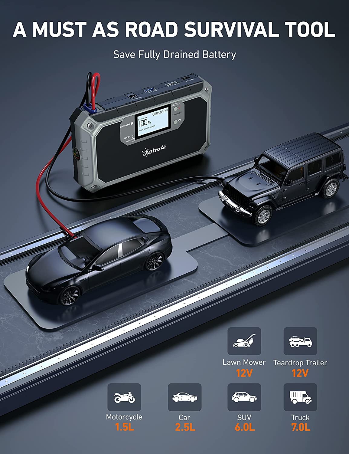 Jump Starter, Car Portable Battery Lithium Jump Starter, Power Bank with Jumper Cable, Powerful 2000A 12V, for Gift