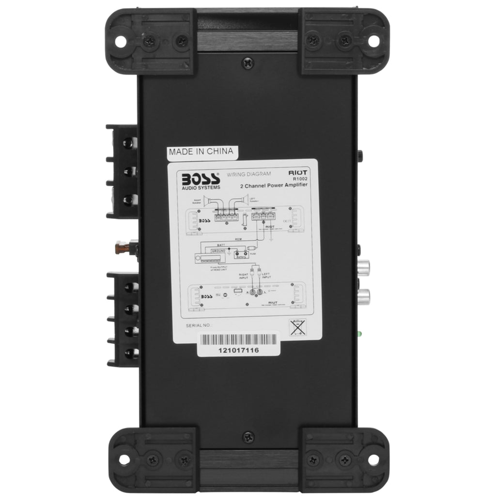 BOSS Audio Systems R1002 Riot Series Car Audio Stereo Amplifier - 200 High Output, 2 Channel, Class A/B, 2/4 Ohm Stable, Low/High Level Inputs, Full Range, Subwoofer
