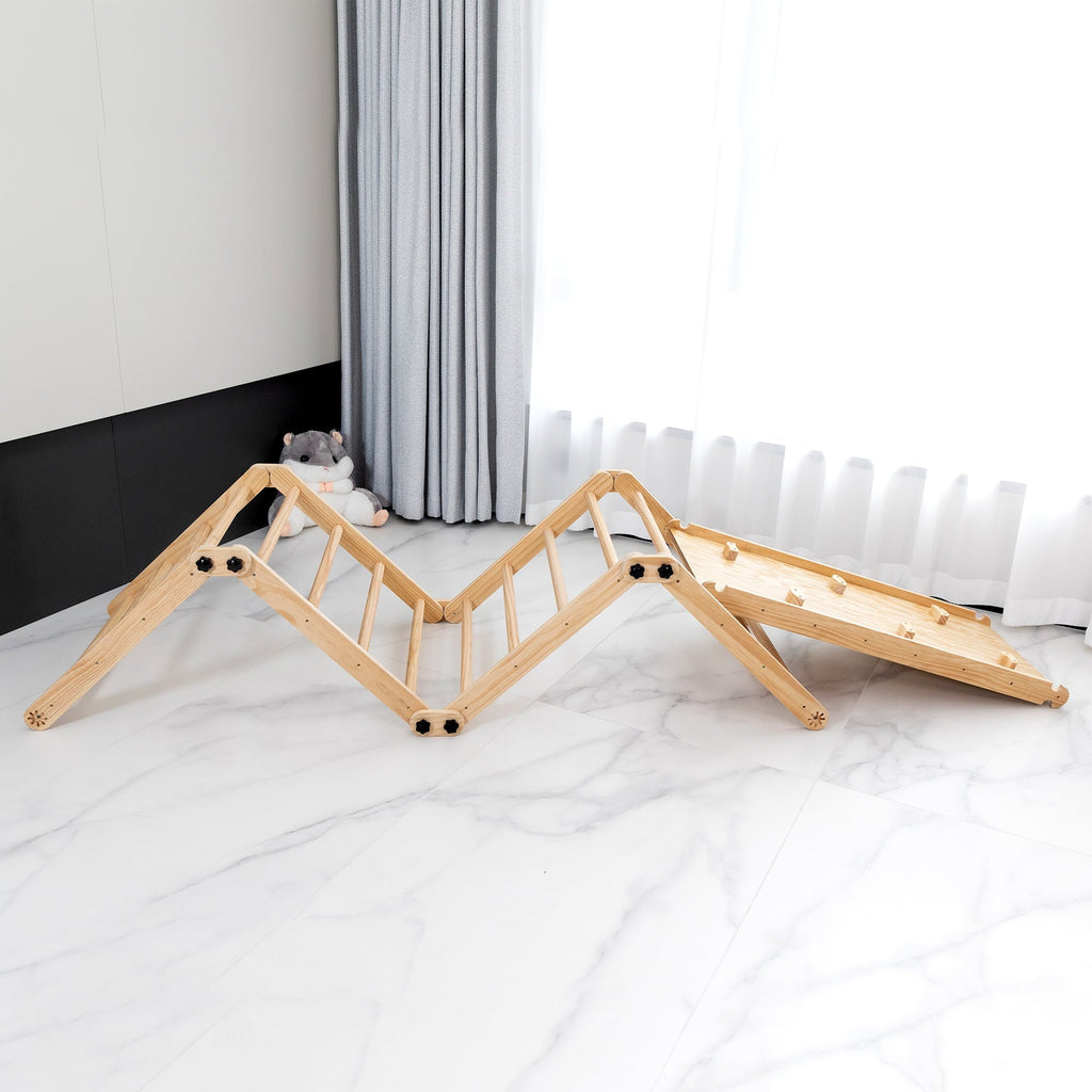 Jaxpety Wooden Triangle Climber Set with Ladder and Canvas Tent, Toddler Indoor Climbing Toys for Kids Aged 3-8 Years Old, Natural Wood