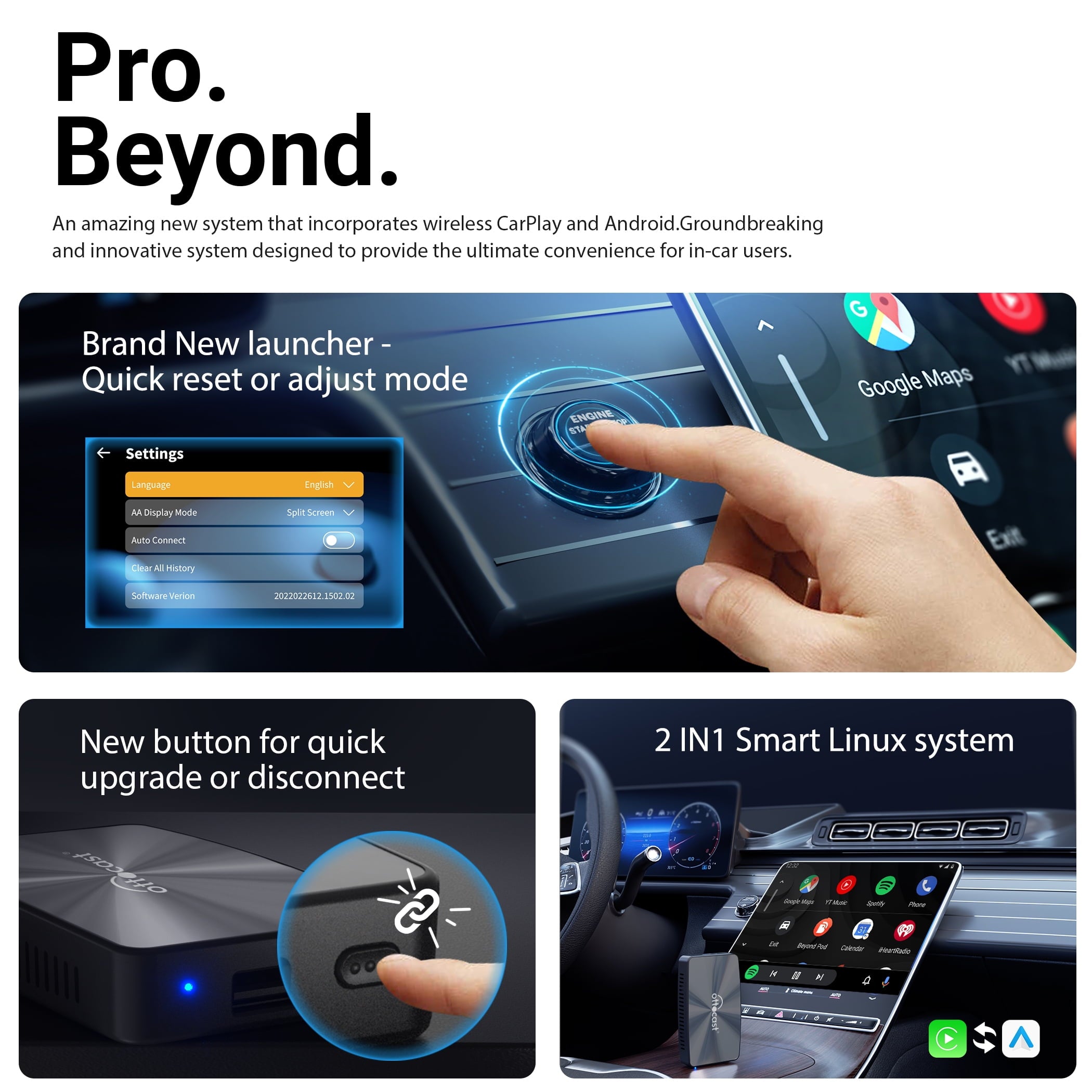 OTTOCAST U2-X Pro Wireless CarPlay Android Auto Car Adapter 2 in 1 for Wired CarPlay Cars Smart Button Faster Connection OTA Update